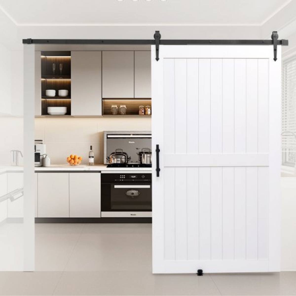 VEVOR Συρόμενη Πόρτα Αχυρώνα, 1219 x 2134 mm, Πάνελ MDF υψηλής αντοχής, Πόρτα αχυρώνα με κιτ υλικού, Αδιάβροχη επιφάνεια PVC, Εύκολη εγκατάσταση, Πλαίσιο H, Ομαλά και αθόρυβα συρόμενα για σαλόνι, μπάνιο