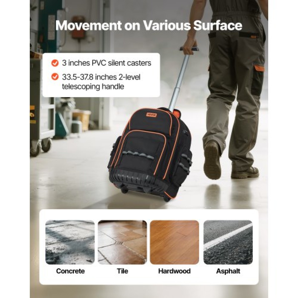 Σακίδιο πλάτης VEVOR Rolling Tool, χωρητικότητα φόρτωσης 110 lbs, τσάντα εργαλείων κυλίνδρου βαρέως τύπου 45 τσέπες σε ρόδες, ρυθμιζόμενη τηλεσκοπική λαβή & σταθερή βάση, οργάνωση εργαλειοθήκης για κατασκευές, μηχανικός