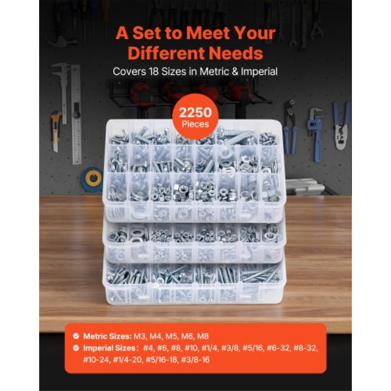 VEVOR 2250 Pcs Bots and Nuts Assortment Kit, Metric + Imperial Machine Screws and Flat Washers, Αλουμίνιο χάλυβα M3/M4/M5/M6/M8 πολλαπλών μεγεθών, για εξοπλισμό/συναρμολόγηση οχήματος, γαλβανισμένο λευκό