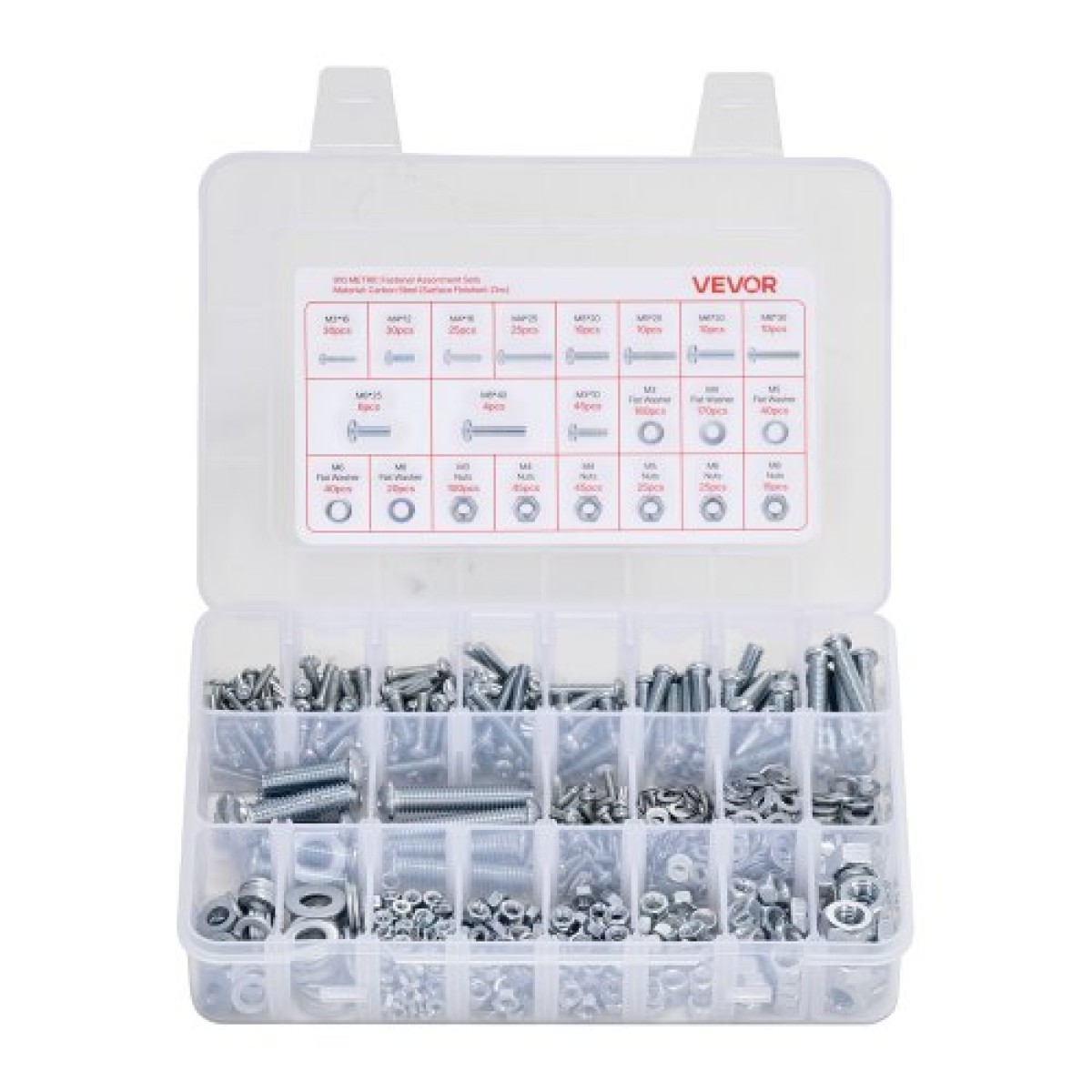 VEVOR 2250 Pcs Bots and Nuts Assortment Kit, Metric + Imperial Machine Screws and Flat Washers, Αλουμίνιο χάλυβα M3/M4/M5/M6/M8 πολλαπλών μεγεθών, για εξοπλισμό/συναρμολόγηση οχήματος, γαλβανισμένο λευκό