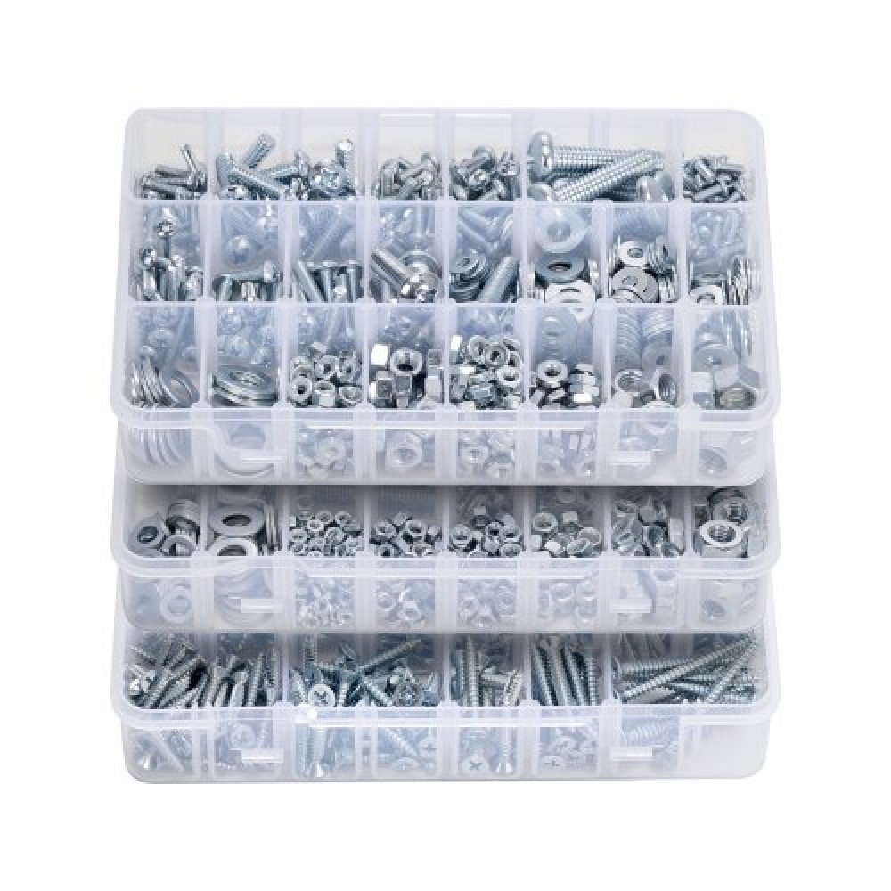 VEVOR 2250 Pcs Bots and Nuts Assortment Kit, Metric + Imperial Machine Screws and Flat Washers, Αλουμίνιο χάλυβα M3/M4/M5/M6/M8 πολλαπλών μεγεθών, για εξοπλισμό/συναρμολόγηση οχήματος, γαλβανισμένο λευκό