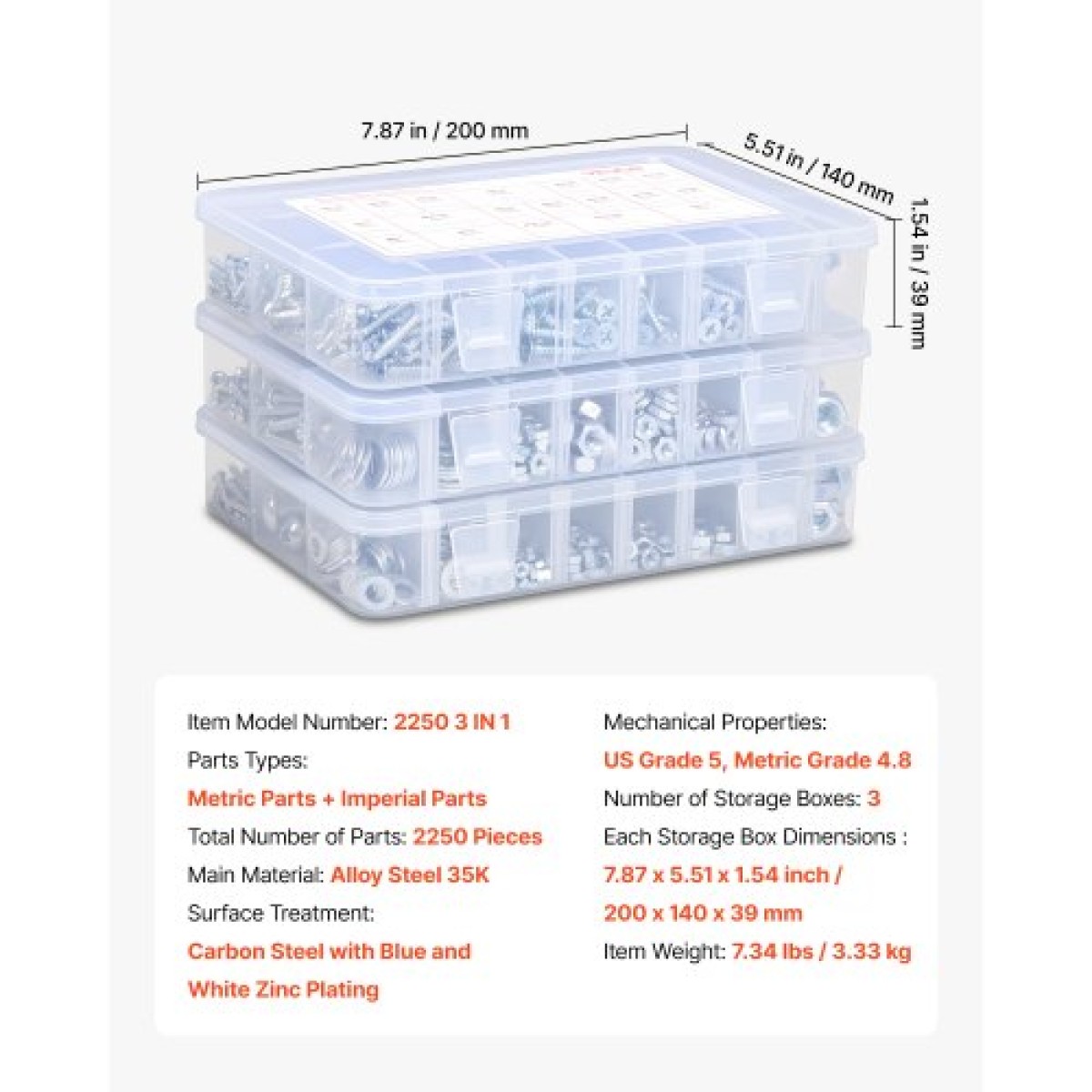 VEVOR 2250 Pcs Bots and Nuts Assortment Kit, Metric + Imperial Machine Screws and Flat Washers, Αλουμίνιο χάλυβα M3/M4/M5/M6/M8 πολλαπλών μεγεθών, για εξοπλισμό/συναρμολόγηση οχήματος, γαλβανισμένο λευκό