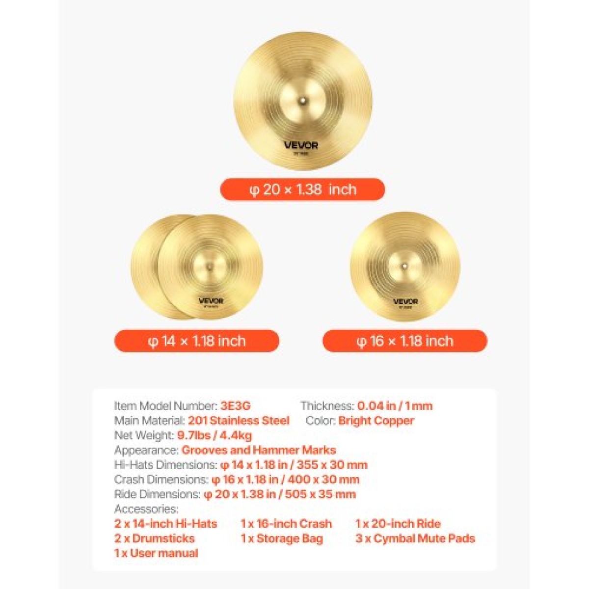 VEVOR Cymbal Pack 3 Pieces Cymbals Drum Set 355/400/505 mm (14 16 20 Inches) Cymbal για τύμπανο