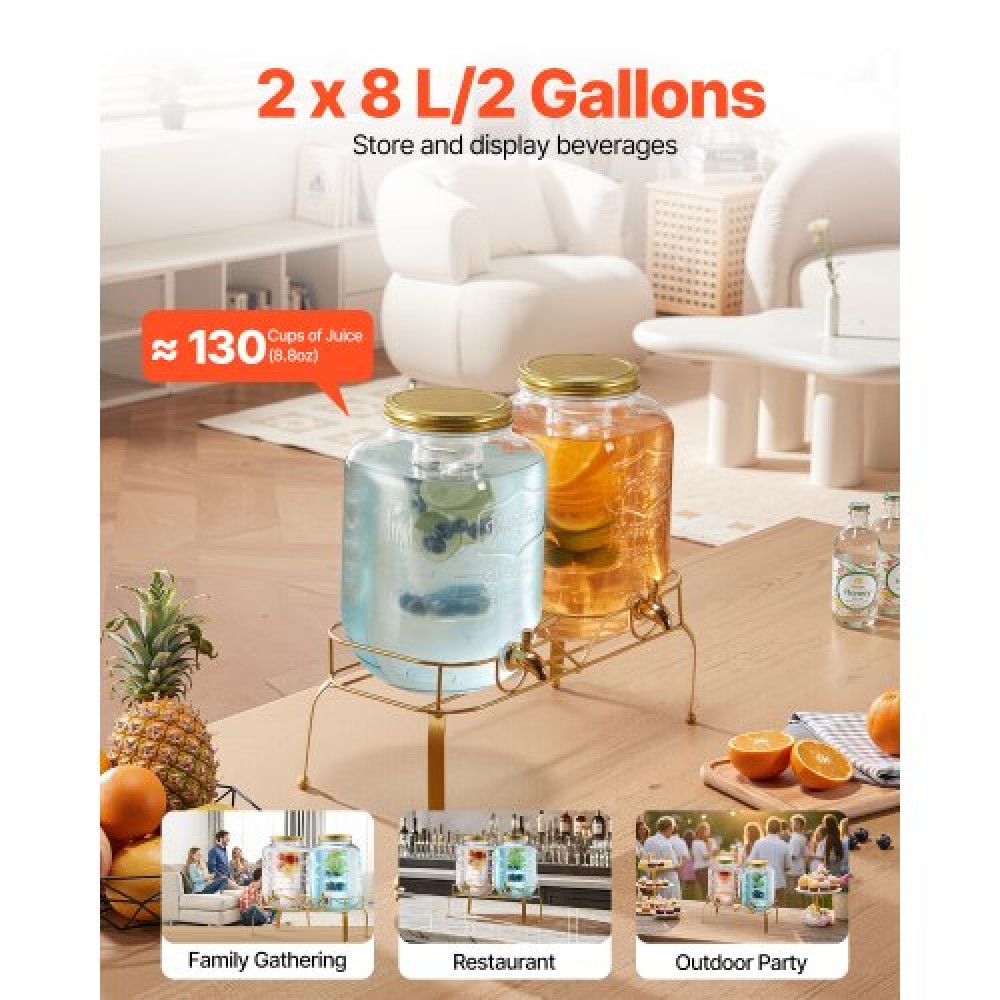 VEVOR Beverage Dispenser, 2 Pack 8L Dispensers Drink Dispens for Party, Glass Juice Dispenser with Metal Stand, Inox Spigot, Infuser, Iced Tea Juice Water Dispensers for Party