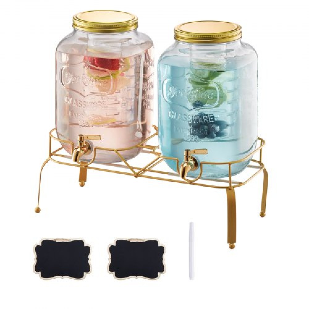 VEVOR Beverage Dispenser, 2 Pack 8L Dispensers Drink Dispens for Party, Glass Juice Dispenser with Metal Stand, Inox Spigot, Infuser, Iced Tea Juice Water Dispensers for Party