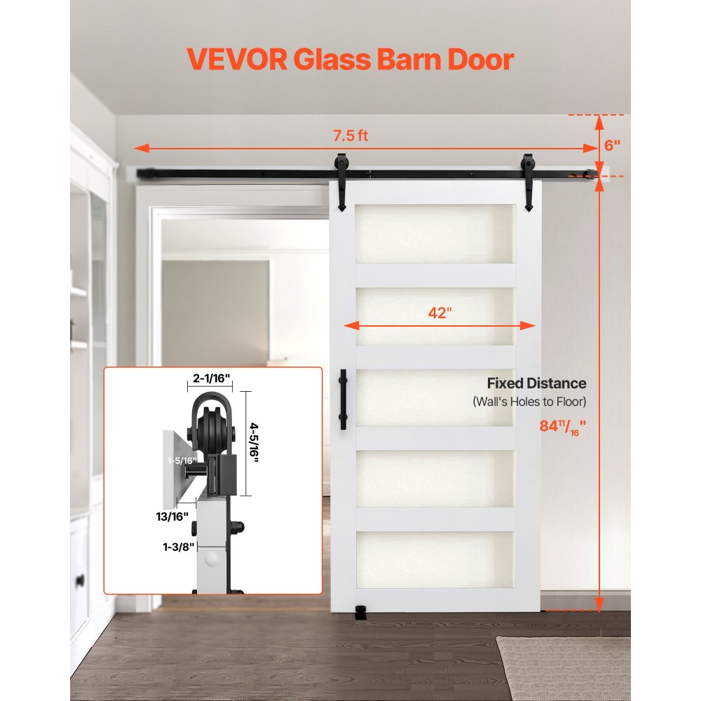 VEVOR Συρόμενη Πόρτα Αχυρώνα, 1067 x 2134 mm, Πάνελ και γυαλί MDF υψηλής αντοχής, Πόρτα αχυρώνα με κιτ υλικού, αδιάβροχη επιφάνεια PVC, εύκολη εγκατάσταση, πλαίσιο H, ομαλά και αθόρυβα συρόμενα για σαλόνι