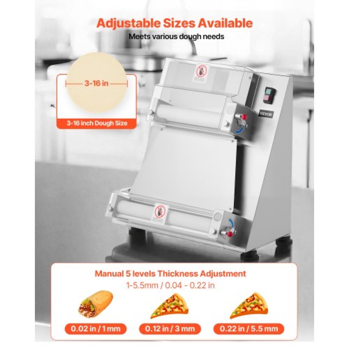 VEVOR Pizza Dough Sheeter, Ημιαυτόματη πρέσα πίτσας από ανοξείδωτο χάλυβα 3-16 ιντσών, Εμπορική ηλεκτρική μηχανή παρασκευής ζυμαρικών 390 W, 260 τμχ ανά ώρα, ρυθμιζόμενο πάχος, με καπάκι πρέσας ζύμης