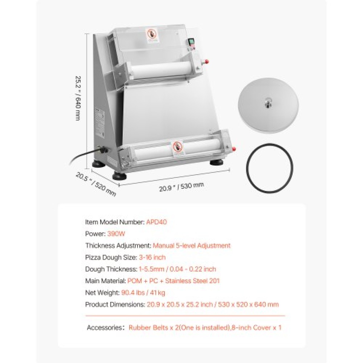 VEVOR Pizza Dough Sheeter, Ημιαυτόματη πρέσα πίτσας από ανοξείδωτο χάλυβα 3-16 ιντσών, Εμπορική ηλεκτρική μηχανή παρασκευής ζυμαρικών 390 W, 260 τμχ ανά ώρα, ρυθμιζόμενο πάχος, με καπάκι πρέσας ζύμης