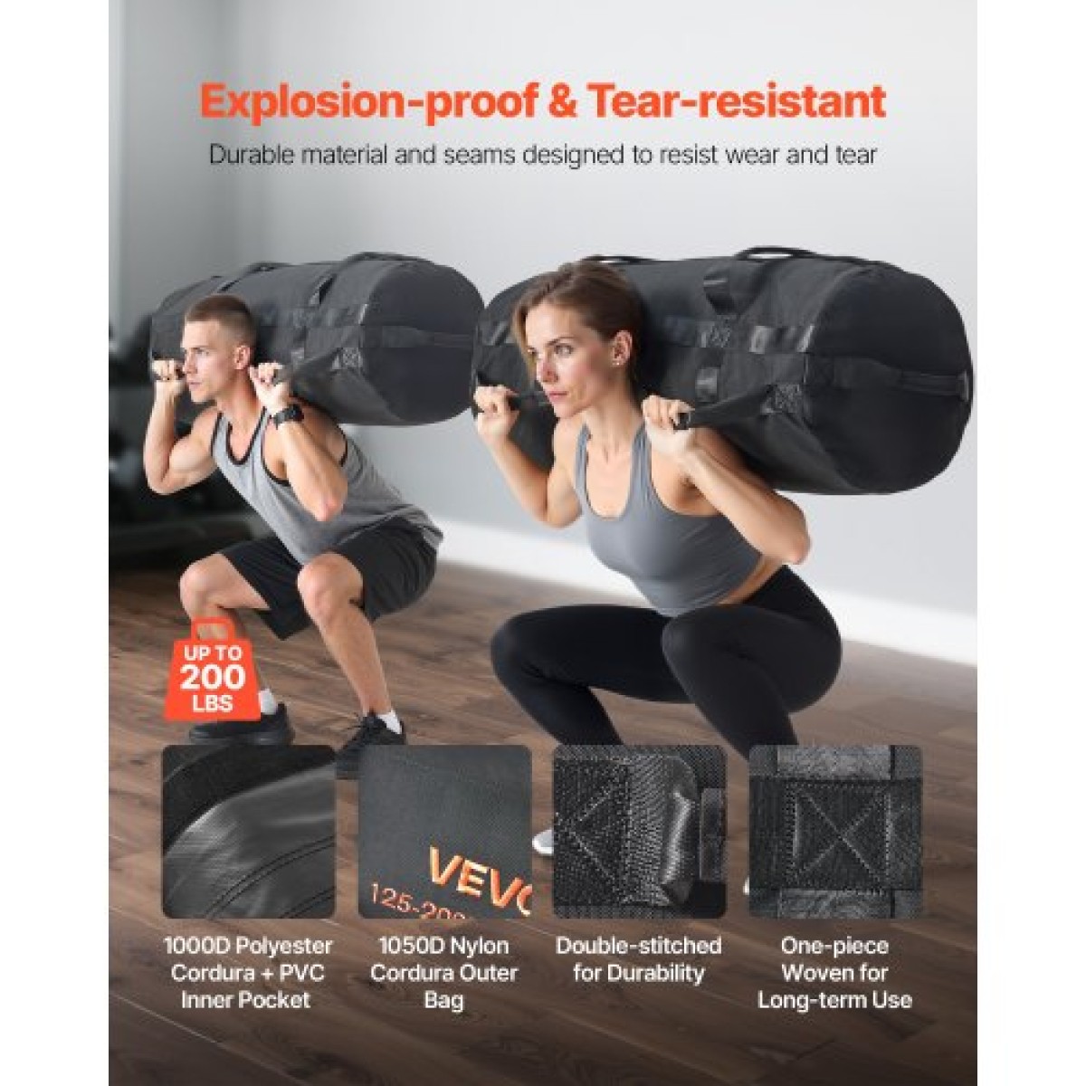 VEVOR Workout Sandbag, Heavy Duty Workout Power Bags with Handles, 56-90 kg Ρυθμιζόμενη τσάντα Slam for Fitness Strength Weight Training Cross-Training, Γυμναστική στο σπίτι, Μαύρη (χωρίς γεμάτη)