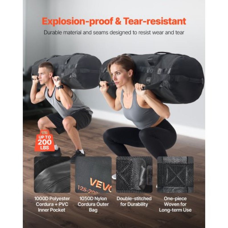 VEVOR Workout Sandbag, Heavy Duty Workout Power Bags with Handles, 56-90 kg Ρυθμιζόμενη τσάντα Slam for Fitness Strength Weight Training Cross-Training, Γυμναστική στο σπίτι, Μαύρη (χωρίς γεμάτη)