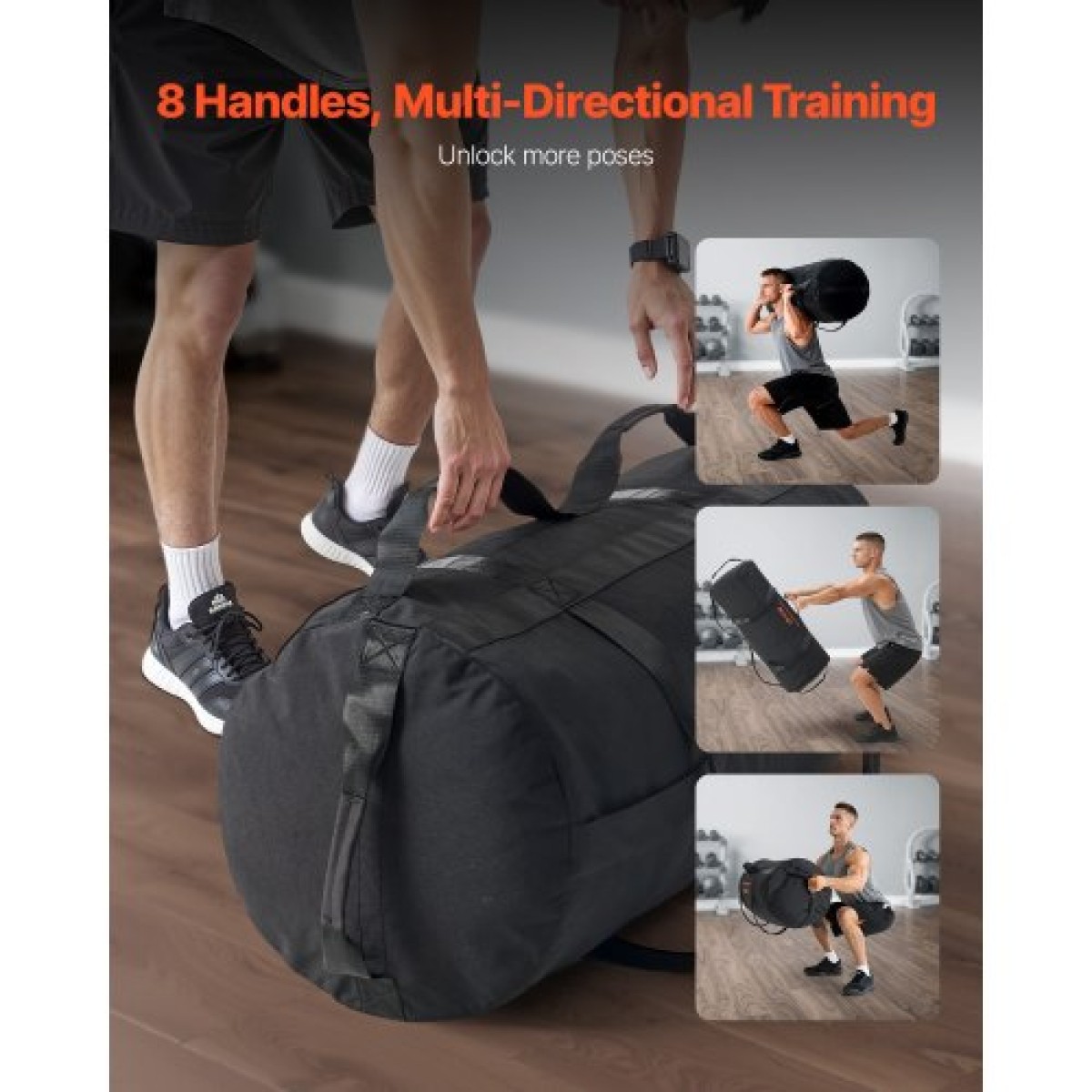 VEVOR Workout Sandbag, Heavy Duty Workout Power Bags with Handles, 56-90 kg Ρυθμιζόμενη τσάντα Slam for Fitness Strength Weight Training Cross-Training, Γυμναστική στο σπίτι, Μαύρη (χωρίς γεμάτη)