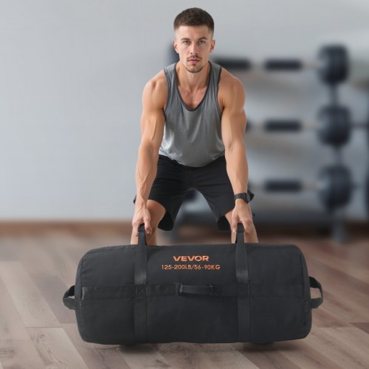 VEVOR Workout Sandbag, Heavy Duty Workout Power Bags with Handles, 56-90 kg Ρυθμιζόμενη τσάντα Slam for Fitness Strength Weight Training Cross-Training, Γυμναστική στο σπίτι, Μαύρη (χωρίς γεμάτη)