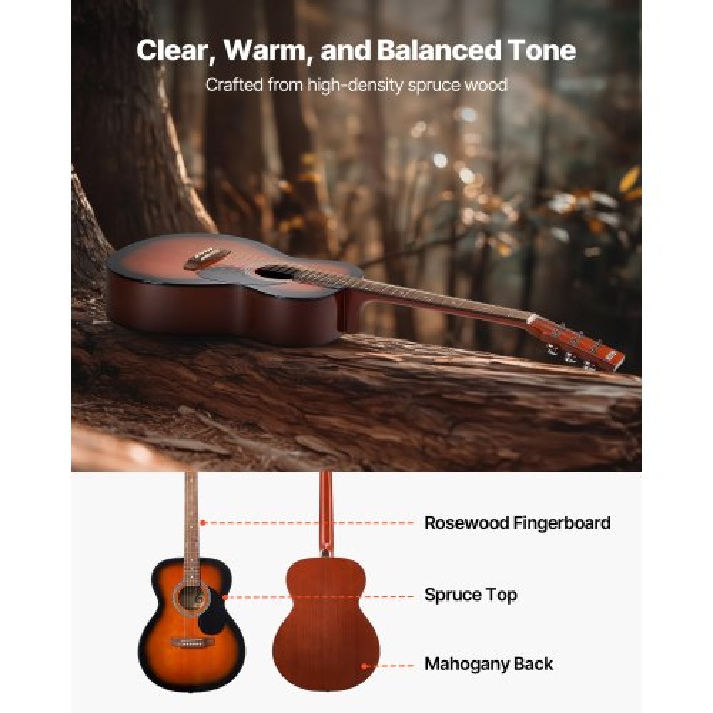 VEVOR 40 in Dreadnought Acoustic Guitar Beginner Bundle Gig Bag Adult Sunburst