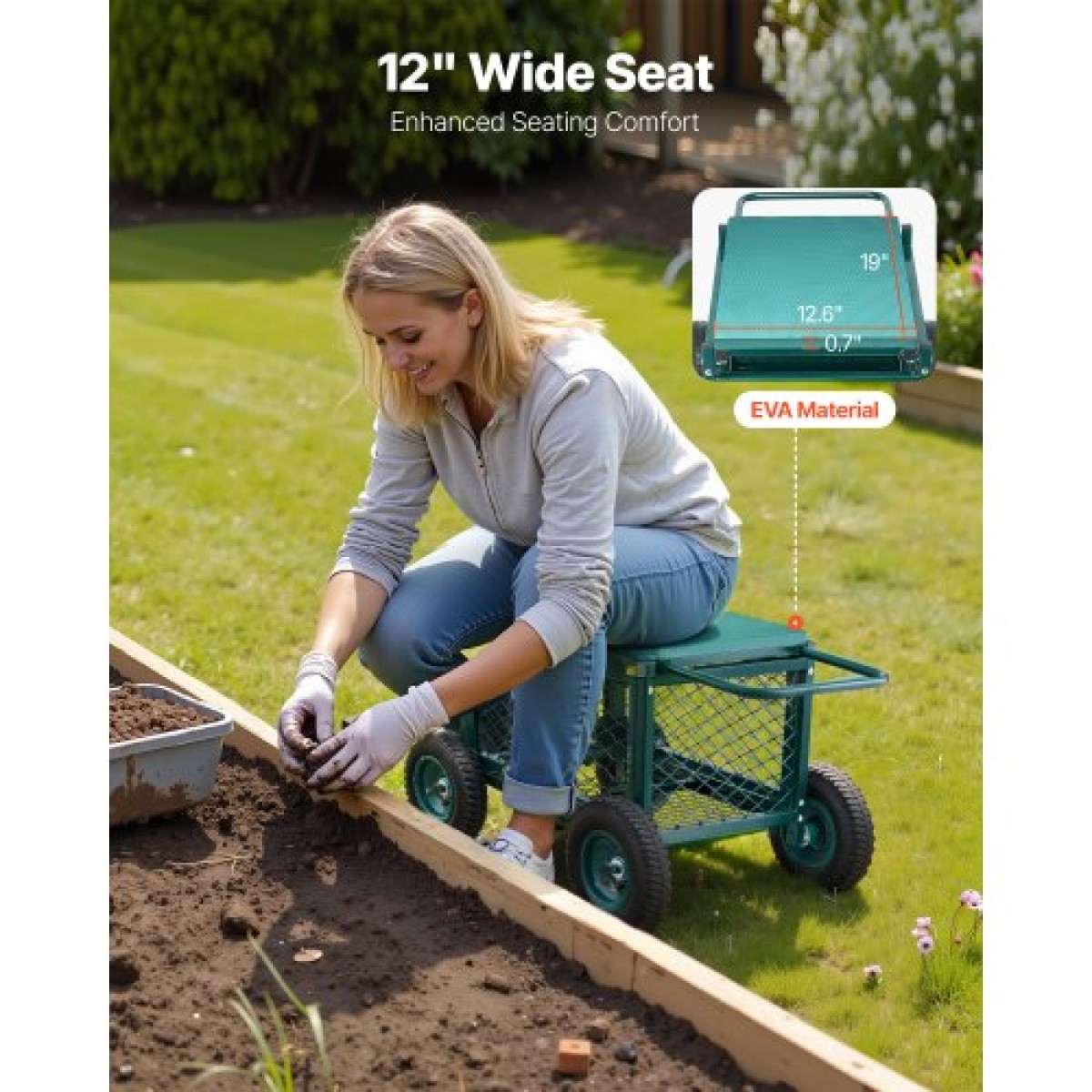 VEVOR Rolling Garden Cart με κάθισμα, Metal Rolling Garden Seat Work με ρόδες, Υποστηρίζει έως και 181 kg, Heavy Duty Cart Gardening Scooter, Υπαίθριο βαγόνι & σκαμπό σε ρόδες για γκαζόν, βεράντα, πίσω αυλή