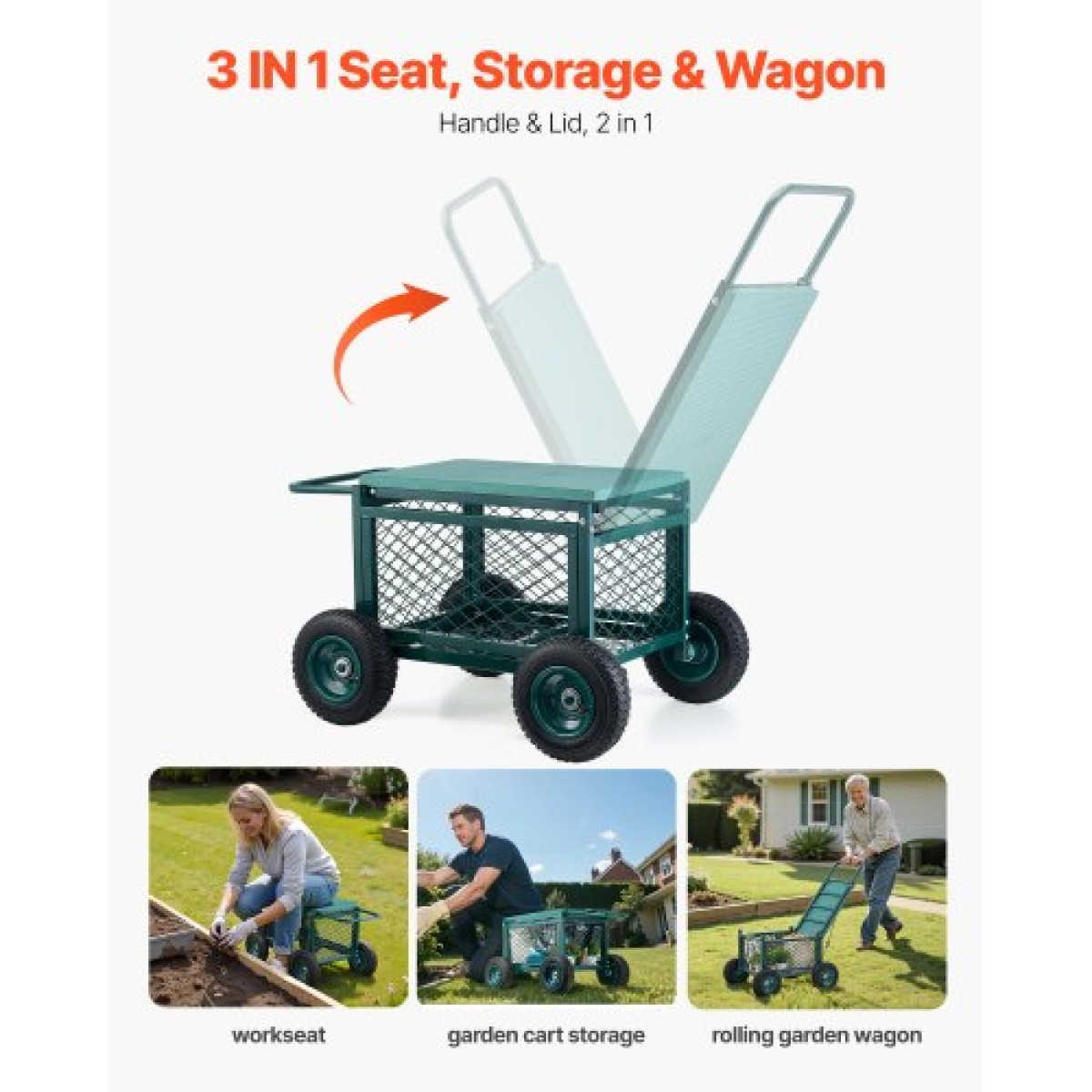 VEVOR Rolling Garden Cart με κάθισμα, Metal Rolling Garden Seat Work με ρόδες, Υποστηρίζει έως και 181 kg, Heavy Duty Cart Gardening Scooter, Υπαίθριο βαγόνι & σκαμπό σε ρόδες για γκαζόν, βεράντα, πίσω αυλή