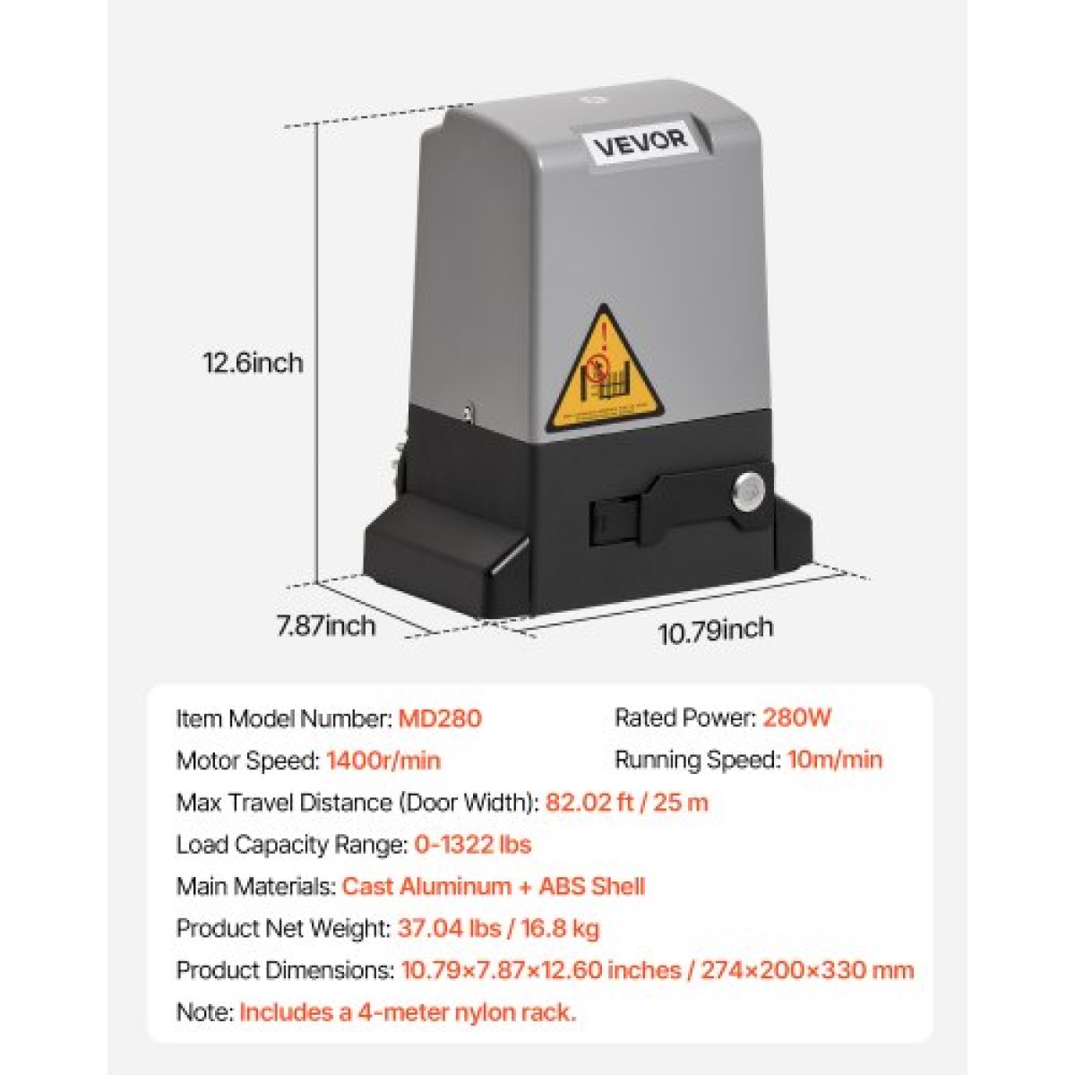 VEVOR Automatic Gate Opener, 280W Electric Sliding Gate Opener για πόρτες έως 25m 816kg, Nylon Gear Rack Rolling Door Poor with Infrared Sensor & 2 Remote Controls, Driveway Gates Open System