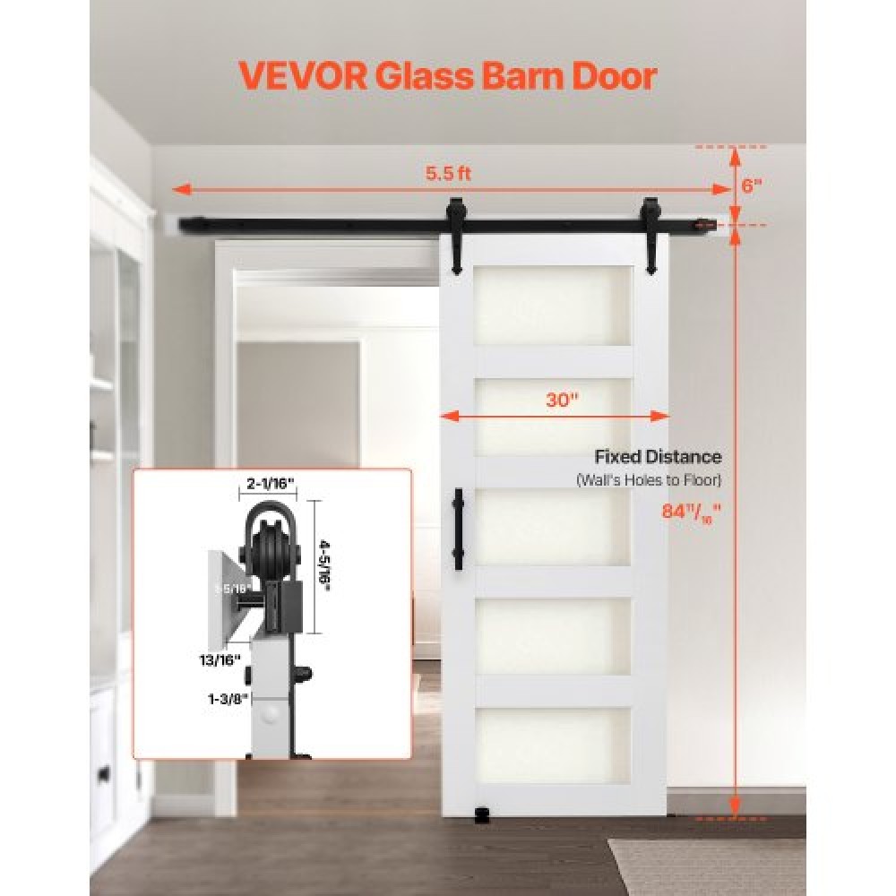 VEVOR Συρόμενη Πόρτα Αχυρώνας, 762 x 2134 mm, Πάνελ και γυαλί MDF υψηλής αντοχής, Πόρτα αχυρώνα με κιτ υλικού, αδιάβροχη επιφάνεια PVC, εύκολη εγκατάσταση, πλαίσιο H, ομαλά και αθόρυβα συρόμενα για σαλόνι