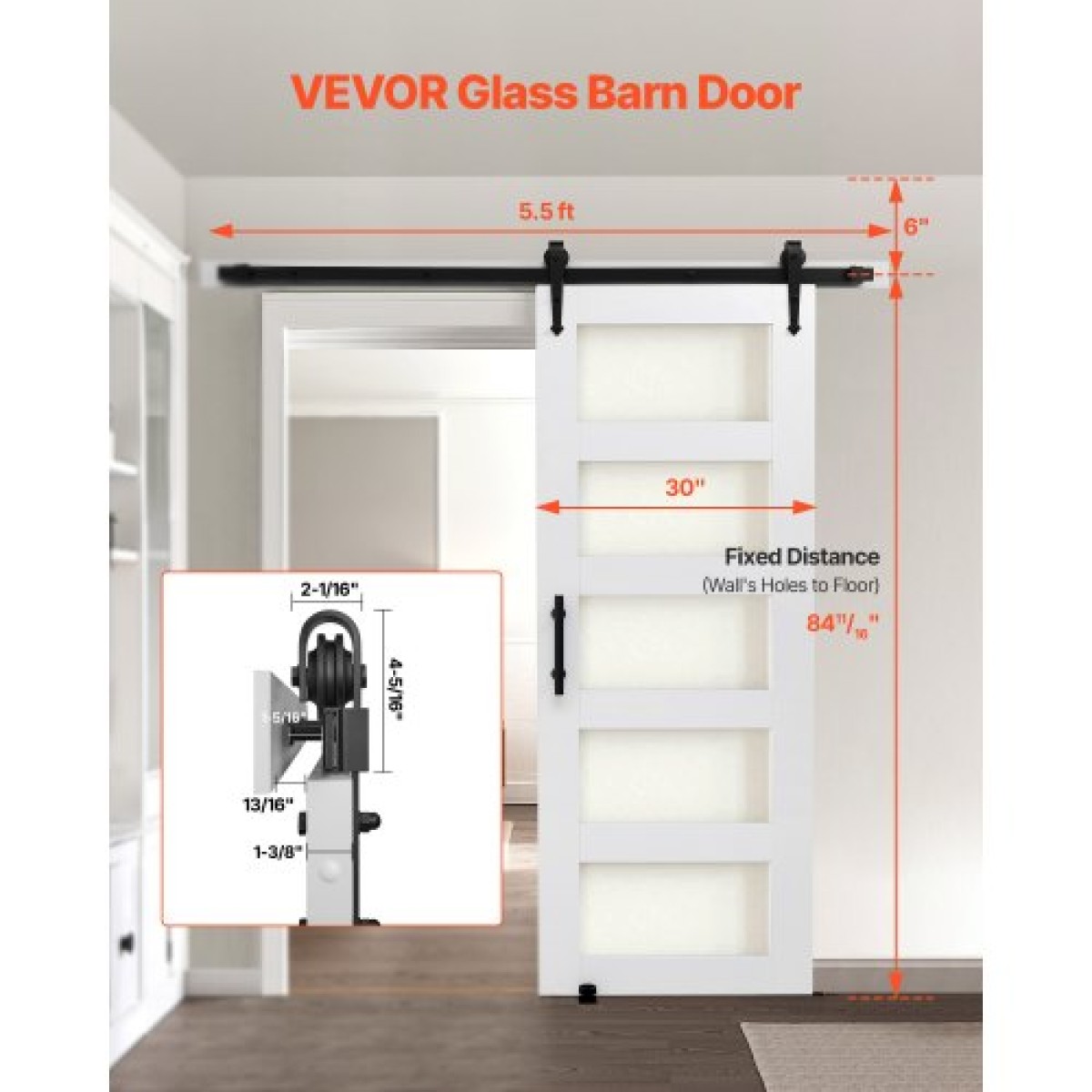 VEVOR Συρόμενη Πόρτα Αχυρώνας, 762 x 2134 mm, Πάνελ και γυαλί MDF υψηλής αντοχής, Πόρτα αχυρώνα με κιτ υλικού, αδιάβροχη επιφάνεια PVC, εύκολη εγκατάσταση, πλαίσιο H, ομαλά και αθόρυβα συρόμενα για σαλόνι