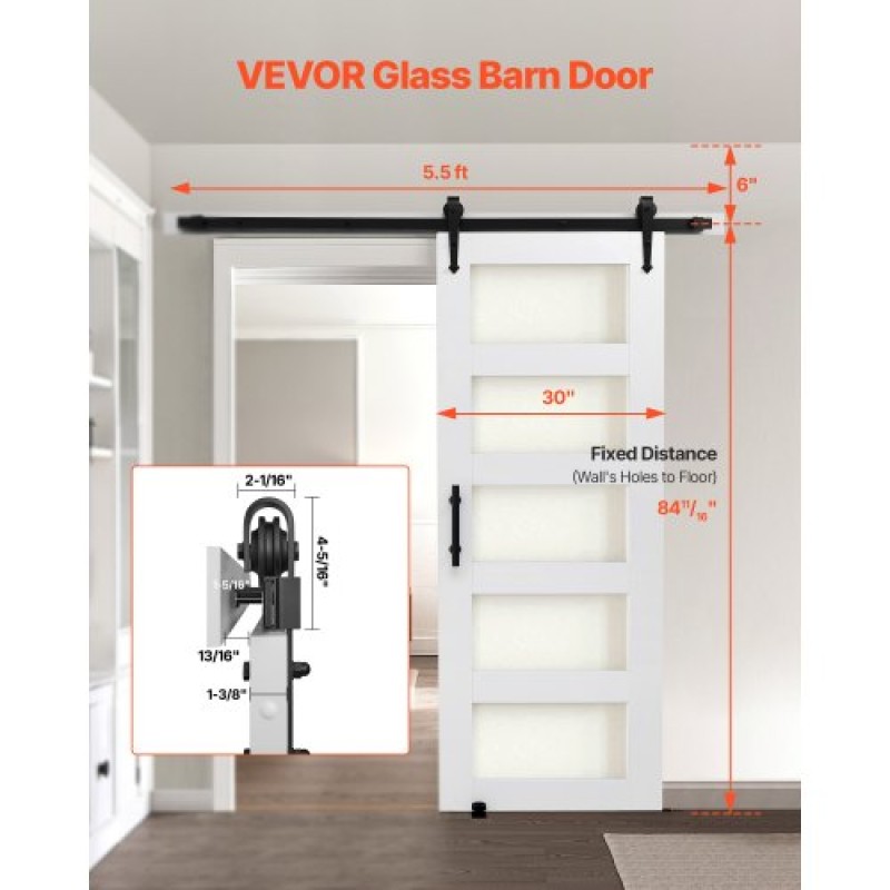 VEVOR Συρόμενη Πόρτα Αχυρώνας, 762 x 2134 mm, Πάνελ και γυαλί MDF υψηλής αντοχής, Πόρτα αχυρώνα με κιτ υλικού, αδιάβροχη επιφάνεια PVC, εύκολη εγκατάσταση, πλαίσιο H, ομαλά και αθόρυβα συρόμενα για σαλόνι