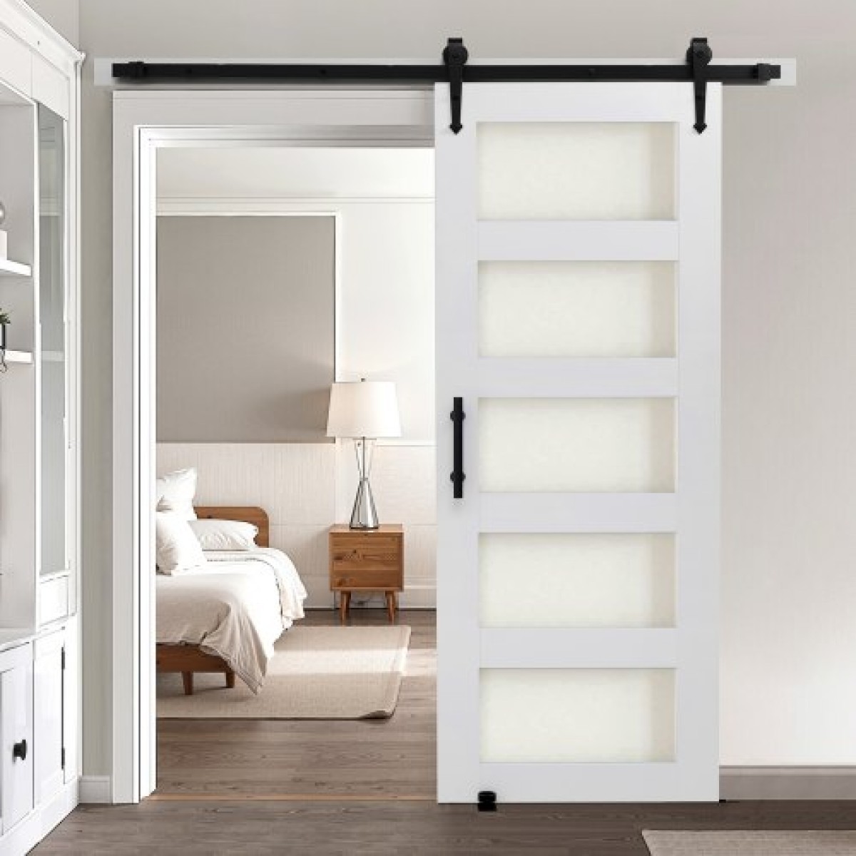 VEVOR Συρόμενη Πόρτα Αχυρώνας, 762 x 2134 mm, Πάνελ και γυαλί MDF υψηλής αντοχής, Πόρτα αχυρώνα με κιτ υλικού, αδιάβροχη επιφάνεια PVC, εύκολη εγκατάσταση, πλαίσιο H, ομαλά και αθόρυβα συρόμενα για σαλόνι