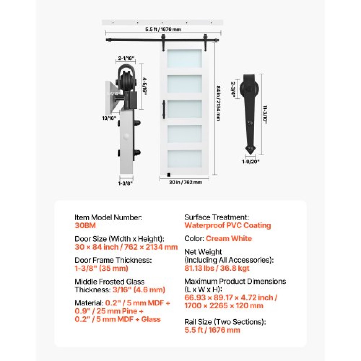 VEVOR Συρόμενη Πόρτα Αχυρώνας, 762 x 2134 mm, Πάνελ και γυαλί MDF υψηλής αντοχής, Πόρτα αχυρώνα με κιτ υλικού, αδιάβροχη επιφάνεια PVC, εύκολη εγκατάσταση, πλαίσιο H, ομαλά και αθόρυβα συρόμενα για σαλόνι