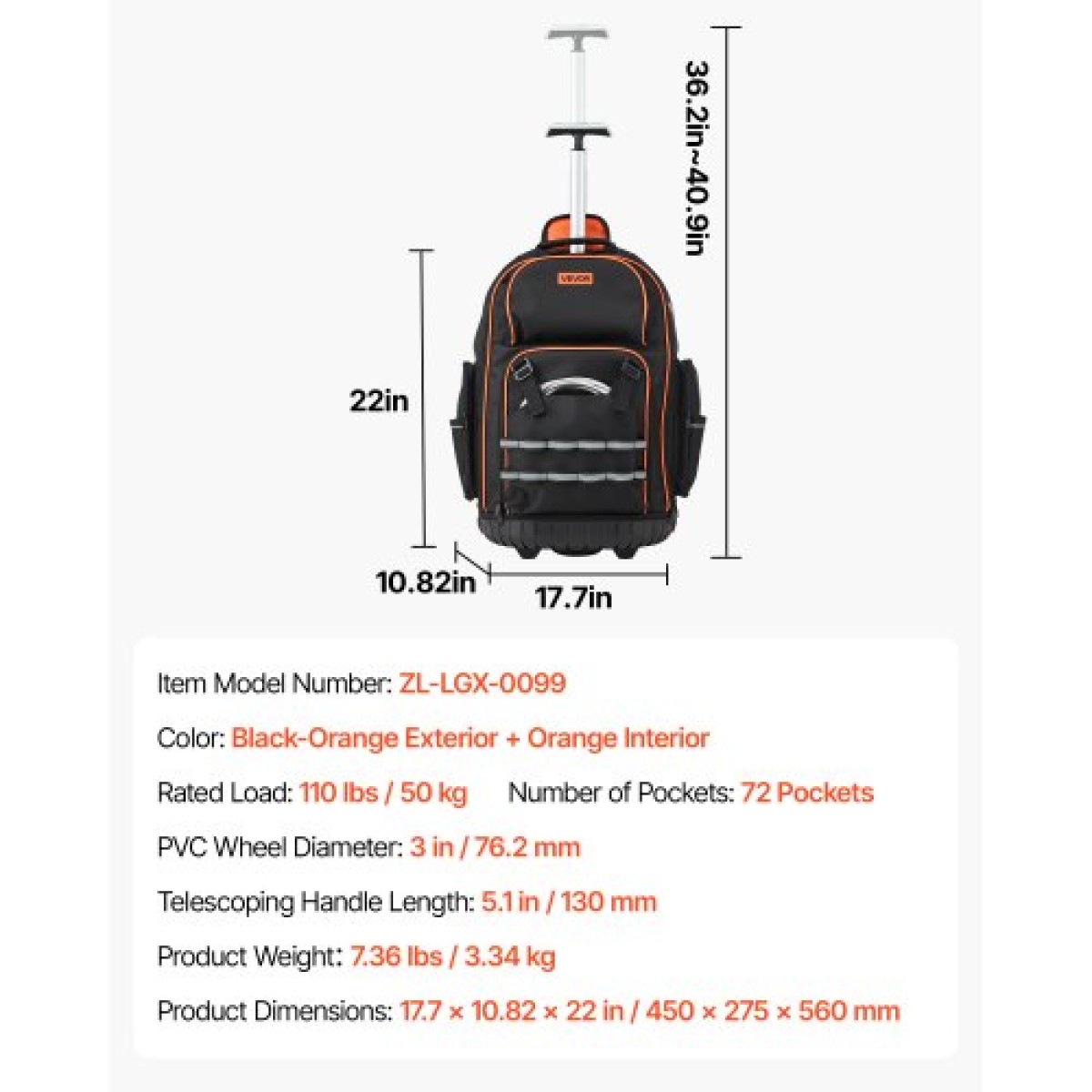 Σακίδιο πλάτης VEVOR Rolling Tool, χωρητικότητα φόρτωσης 110 lbs, 72 τσέπες βαρέως τύπου τσάντα εργαλείων κυλίνδρου σε ρόδες, ρυθμιζόμενη τηλεσκοπική λαβή & σταθερή βάση, οργάνωση εργαλειοθήκης για κατασκευές, μηχανικός