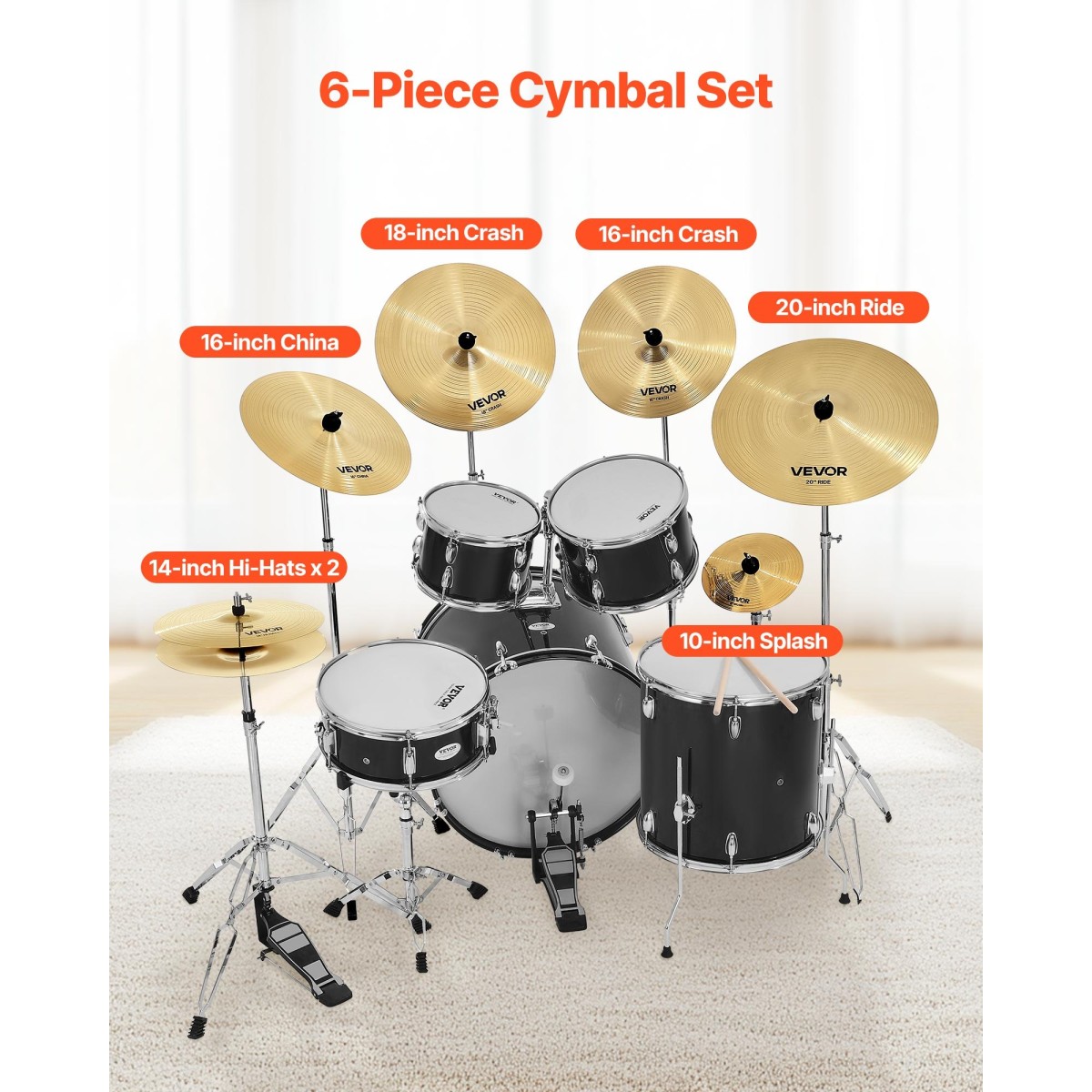 VEVOR Cymbal Pack 6 Pieces Cymbal Set 254/355/400/455/505 mm (10 14 16 18 20 Inches) Cymbal for Drum