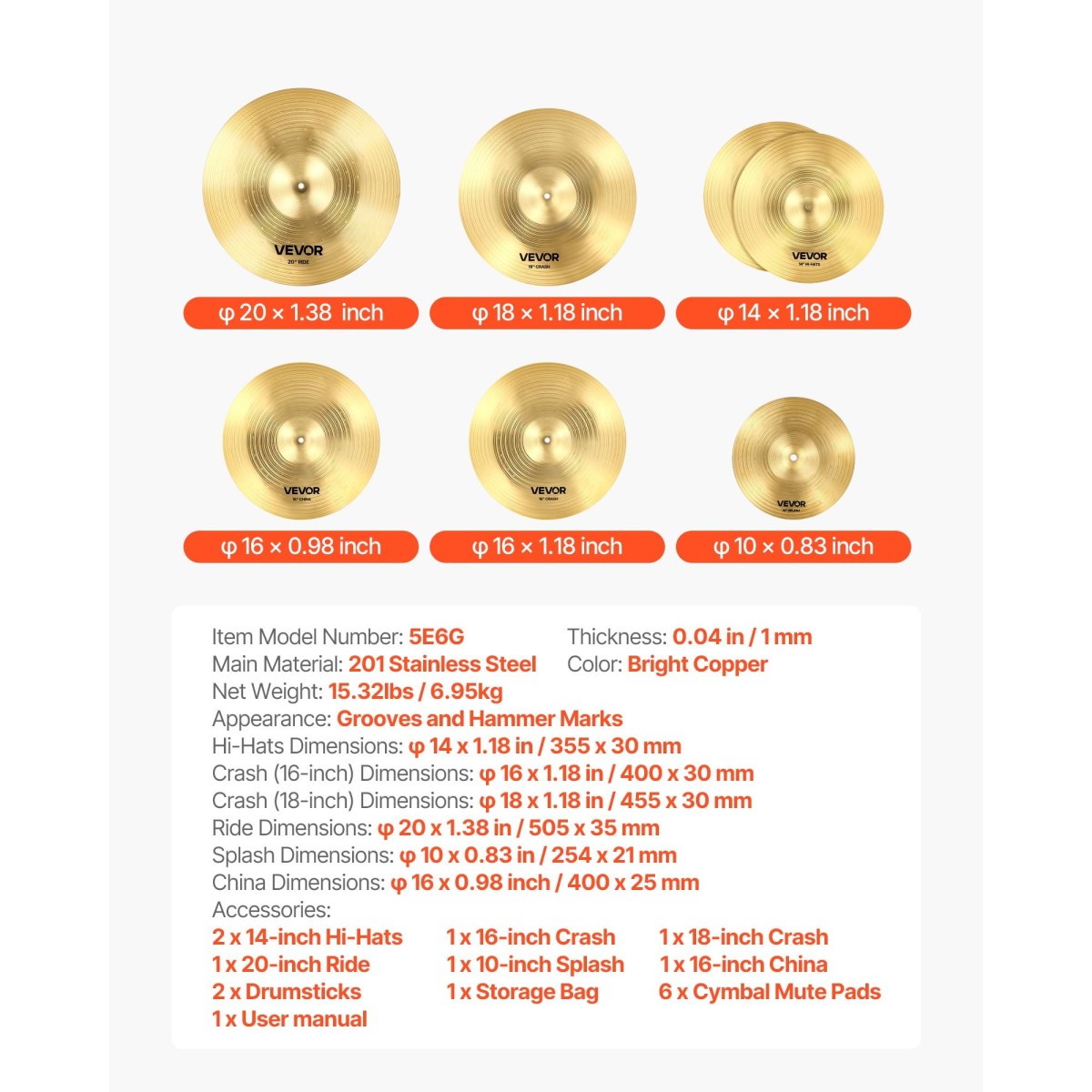 VEVOR Cymbal Pack 6 Pieces Cymbal Set 254/355/400/455/505 mm (10 14 16 18 20 Inches) Cymbal for Drum