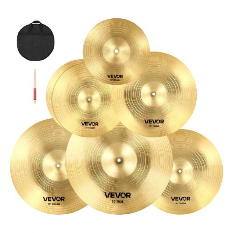 VEVOR Cymbal Pack 6 Pieces Cymbal Set 254/355/400/455/505 mm (10 14 16 18 20 Inches) Cymbal for Drum