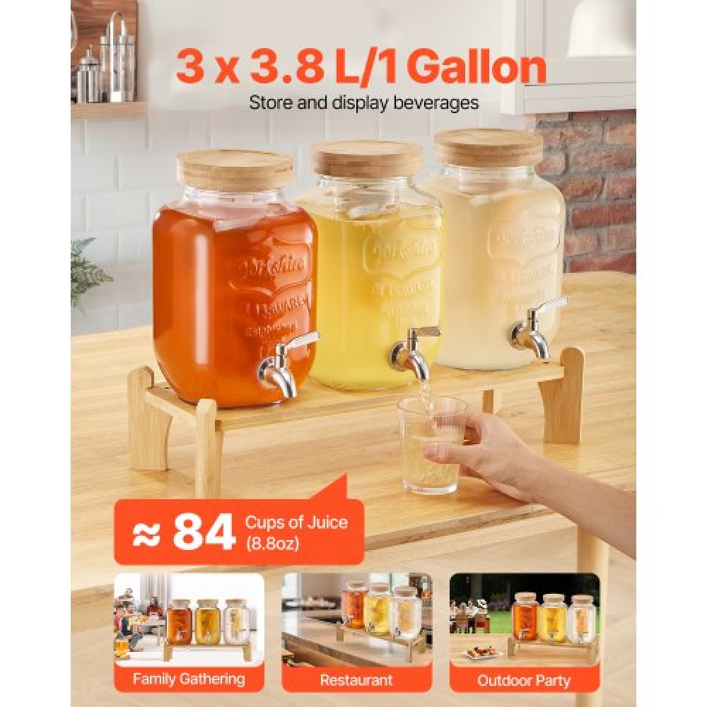 VEVOR Beverage Dispenser, 3 Pack 3,8L Dispensers Drink Dispens for Party, Glass Juice Dispenser with Wood Stand, Inox Spigot, Infuser, Iced Tea Juice Water Dispensers for Party