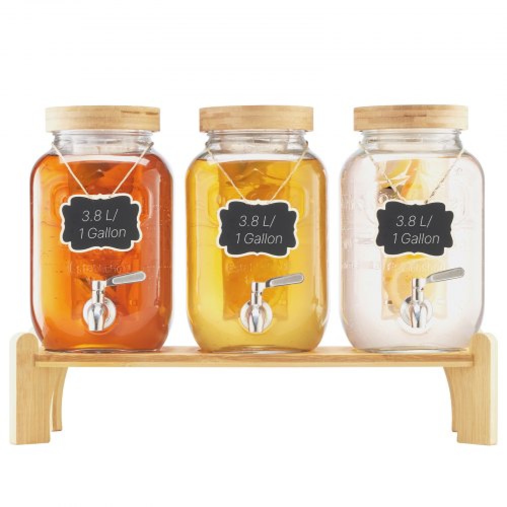 VEVOR Beverage Dispenser, 3 Pack 3,8L Dispensers Drink Dispens for Party, Glass Juice Dispenser with Wood Stand, Inox Spigot, Infuser, Iced Tea Juice Water Dispensers for Party