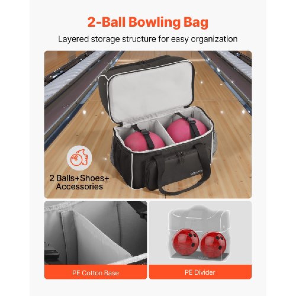 VEVOR 2 Ball Bowling Bag with Wheels Four Roller Bowling Bag Shoe Compartment