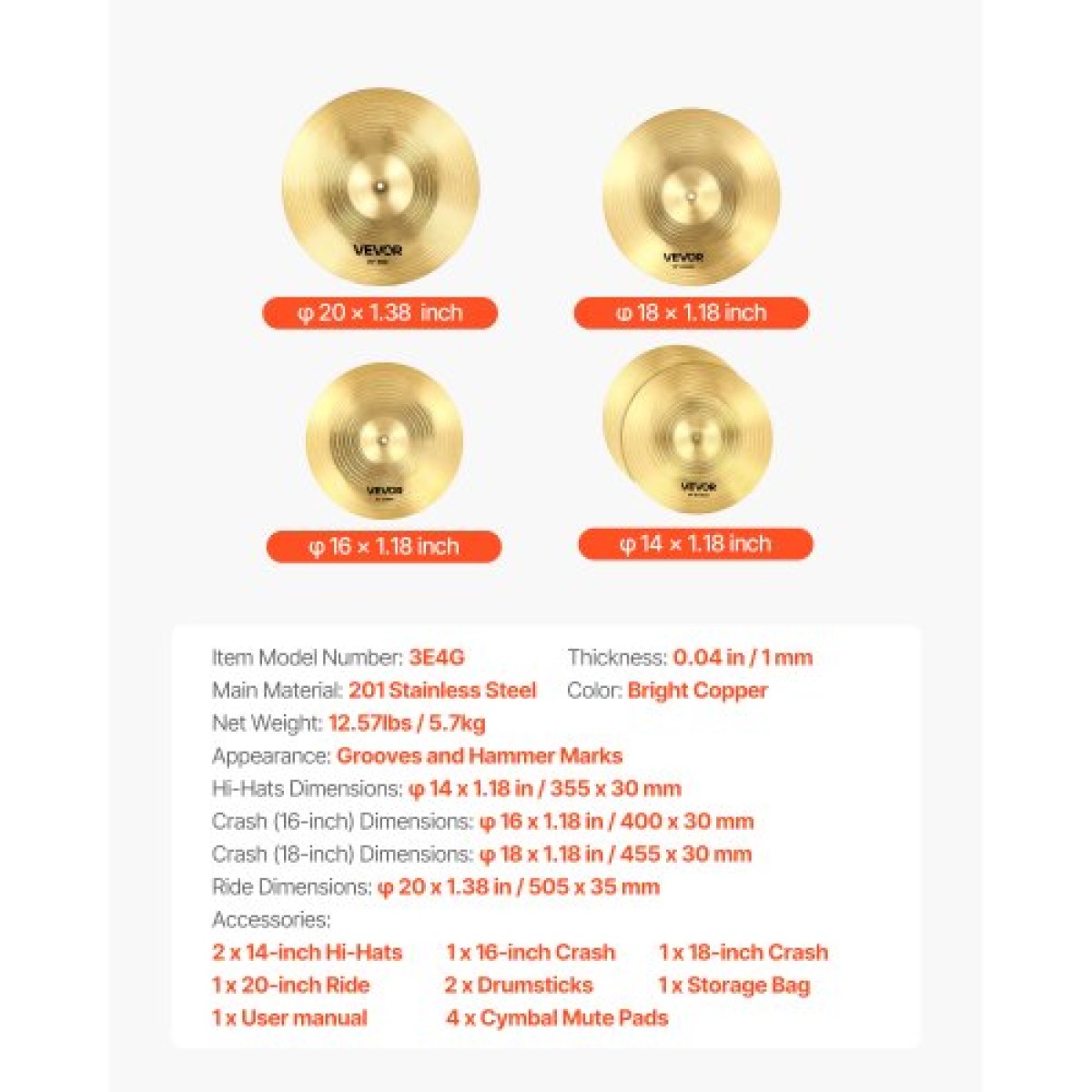 VEVOR Cymbal Pack 4 Pieces Cymbals Drum Set 14 16 18 20 Inches (355/400/455/505 mm) Cymbal για τύμπανο