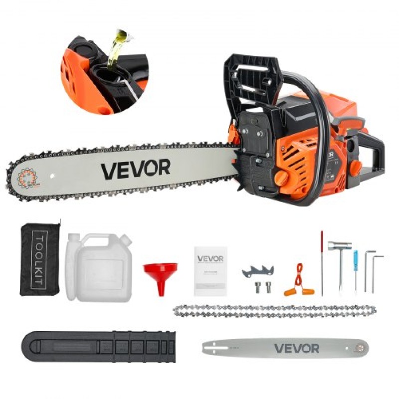 VEVOR 52 cc αλυσοπρίονο αερίου, αλυσοπρίονο 18 ιντσών με τροφοδοσία αερίου, ηλεκτρικό αλυσοπρίονο 2,4 HP με αντιολισθητική λαβή, αλυσοπρίονα αερίου με διπλές δεξαμενές καυσίμου, για κοπή ξύλου, κοπή δέντρων και καθαρισμό γης
