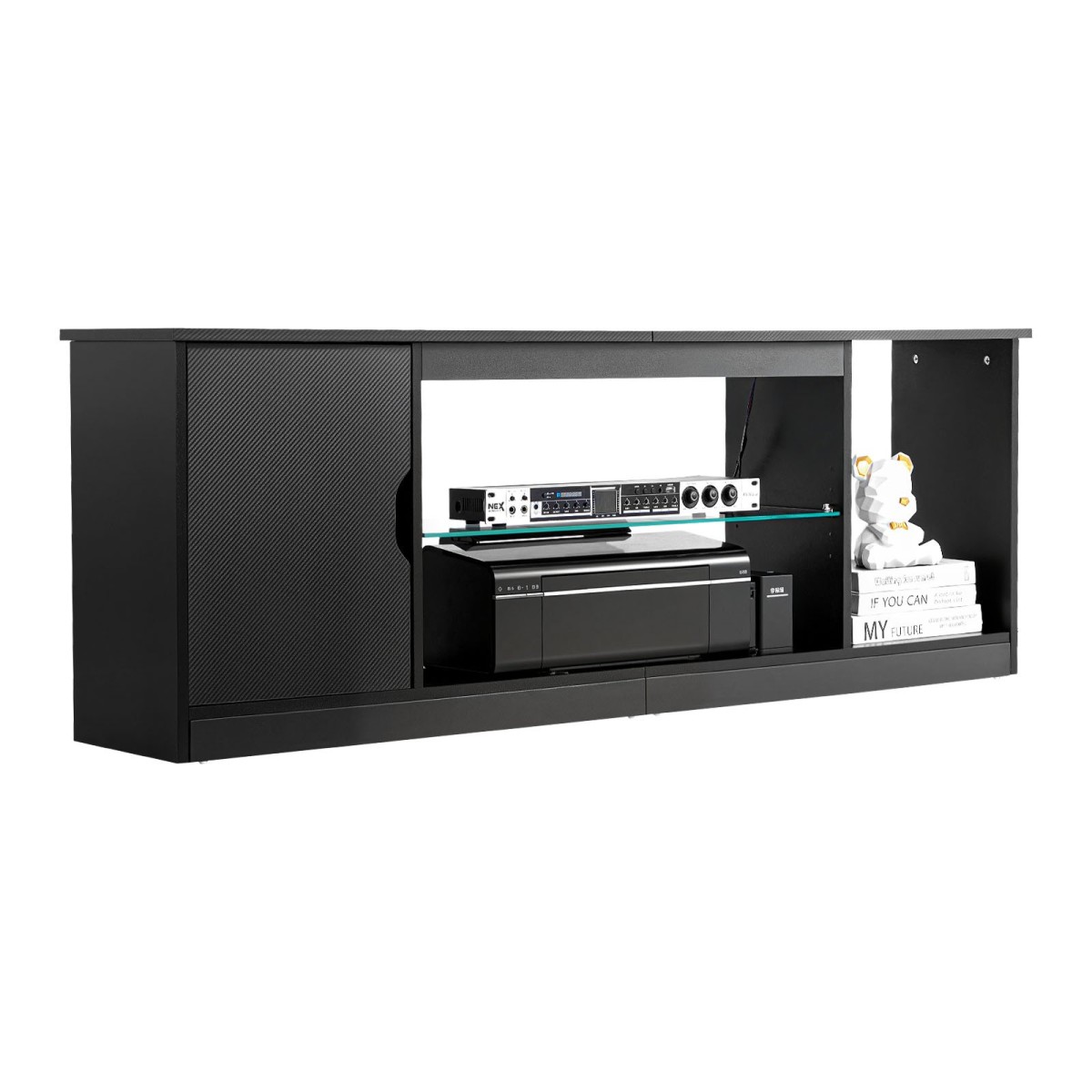 Βάση TV VEVOR για τηλεοράσεις έως 1651 mm, Μοντέρνο Κέντρο Ψυχαγωγίας με Φωτεινές λωρίδες, Ξύλινη ντουλάπα τηλεόρασης με γυάλινο ράφι και ρυθμιζόμενα ράφια, Τραπέζι κονσόλας για σαλόνι και κρεβατοκάμαρα, μαύρο