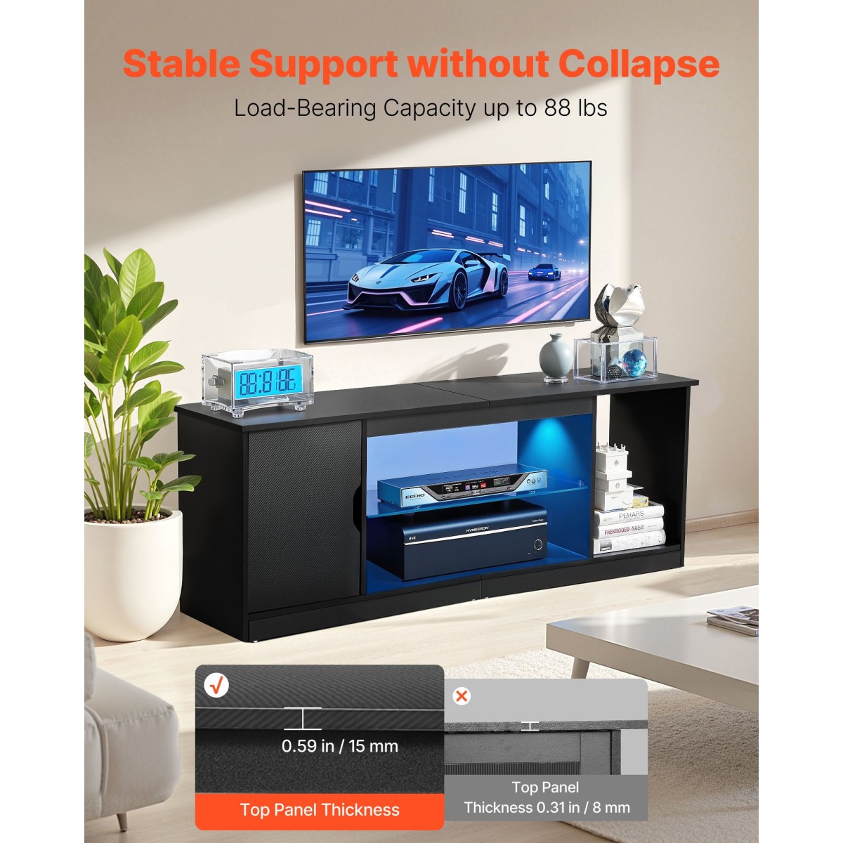 Βάση TV VEVOR για τηλεοράσεις έως 1651 mm, Μοντέρνο Κέντρο Ψυχαγωγίας με Φωτεινές λωρίδες, Ξύλινη ντουλάπα τηλεόρασης με γυάλινο ράφι και ρυθμιζόμενα ράφια, Τραπέζι κονσόλας για σαλόνι και κρεβατοκάμαρα, μαύρο