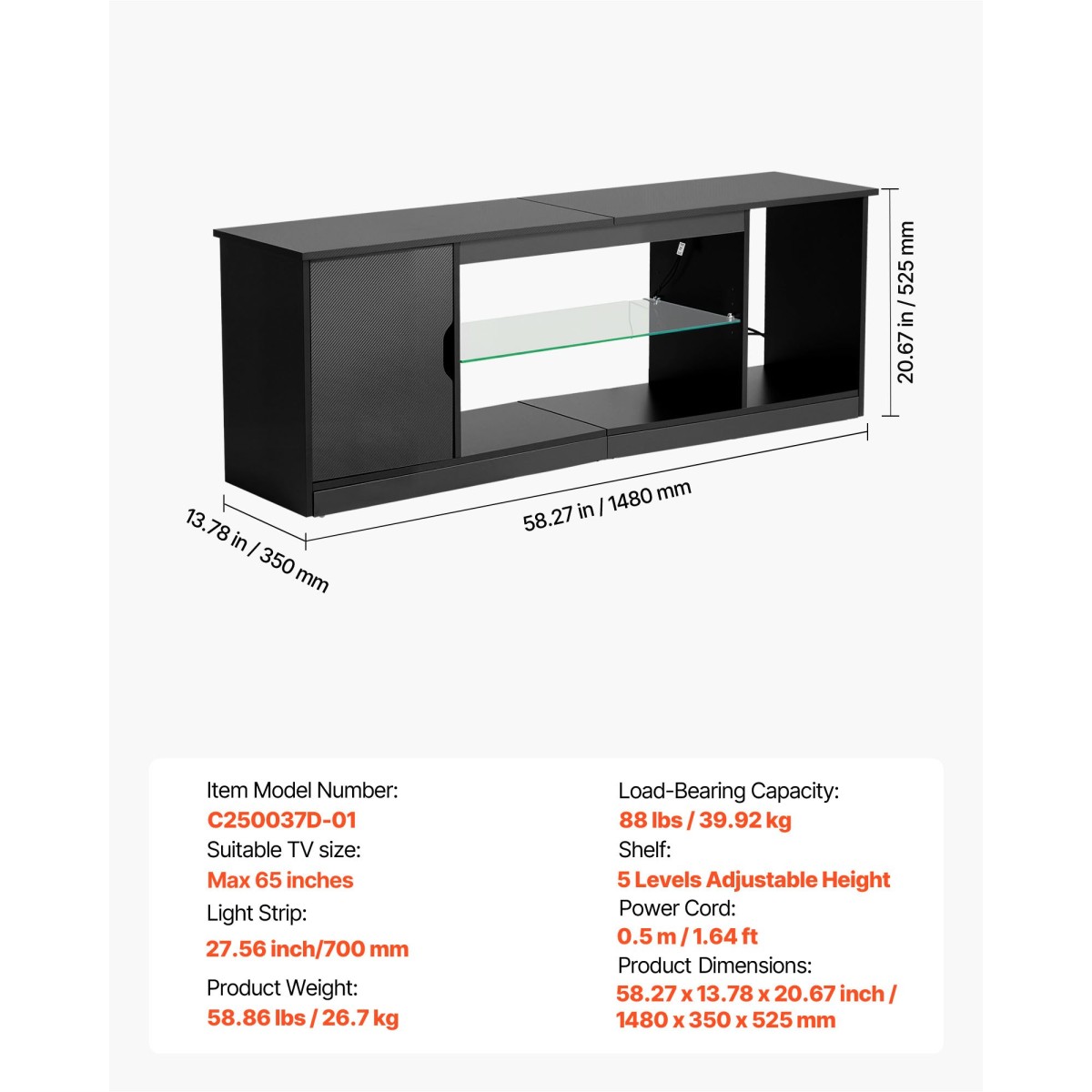 Βάση TV VEVOR για τηλεοράσεις έως 1651 mm, Μοντέρνο Κέντρο Ψυχαγωγίας με Φωτεινές λωρίδες, Ξύλινη ντουλάπα τηλεόρασης με γυάλινο ράφι και ρυθμιζόμενα ράφια, Τραπέζι κονσόλας για σαλόνι και κρεβατοκάμαρα, μαύρο