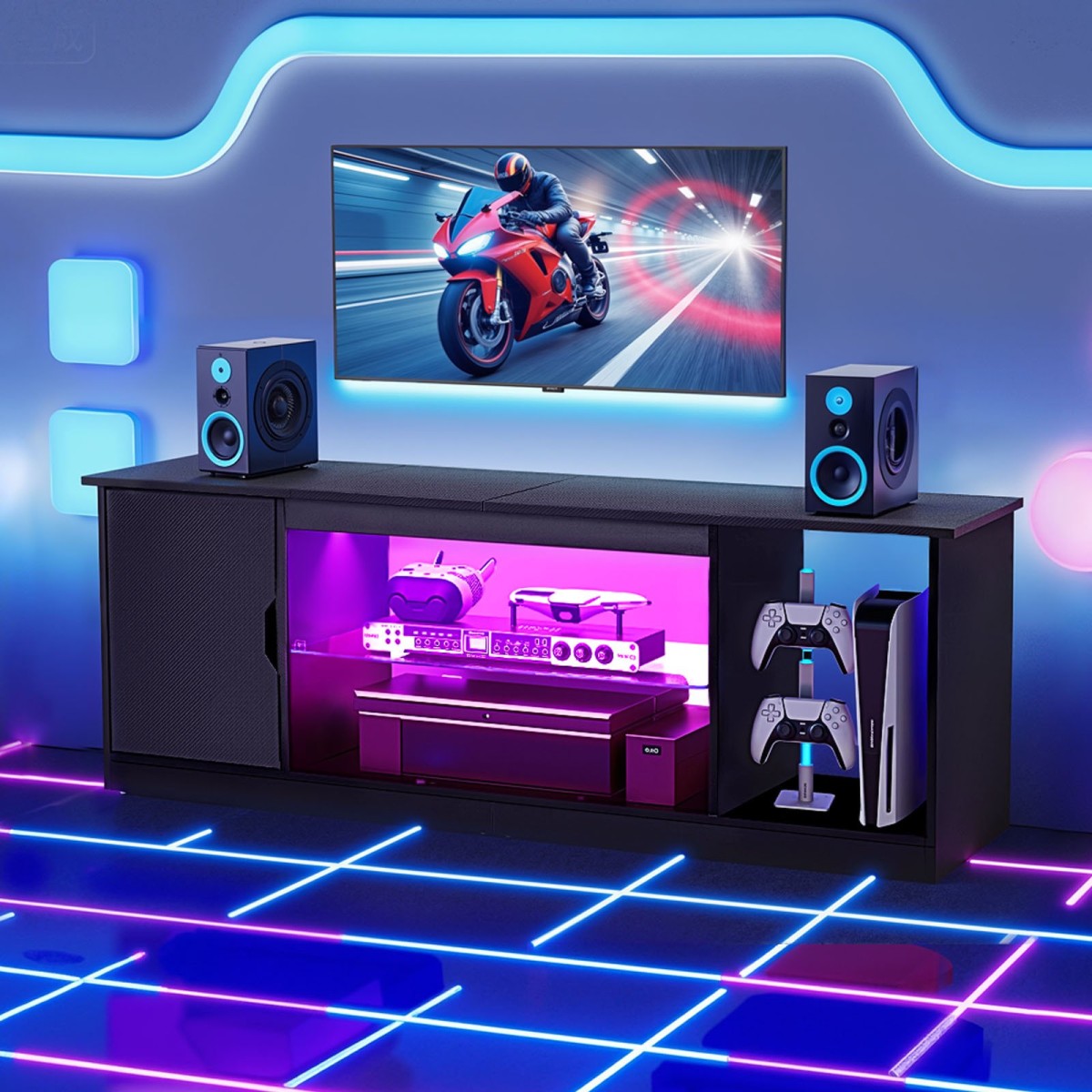 Βάση TV VEVOR για τηλεοράσεις έως 1651 mm, Μοντέρνο Κέντρο Ψυχαγωγίας με Φωτεινές λωρίδες, Ξύλινη ντουλάπα τηλεόρασης με γυάλινο ράφι και ρυθμιζόμενα ράφια, Τραπέζι κονσόλας για σαλόνι και κρεβατοκάμαρα, μαύρο