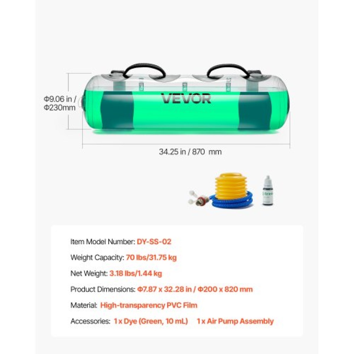 VEVOR Water Weights Aqua Bag, Large Aqua Bags for Workout, 31,75 kg Ρυθμιζόμενος φορητός εξοπλισμός ευστάθειας Fitness & Full Body Exercise, for Strength Core and Balance Training, Home Gym Exercise