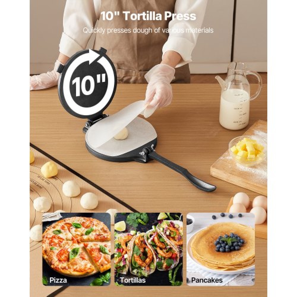Πρέσα τορτίγιας VEVOR, Πρέσα τορτίγιας και Roti από χυτοσίδηρο 10 ιντσών, Πρέσα Tortilladora βαρέως τύπου, Pataconera Makers με λαβή και 100 τμχ χαρτί περγαμηνής, Πρέσα Taco ζύμης για τορτίγια αλευριού, Tawa