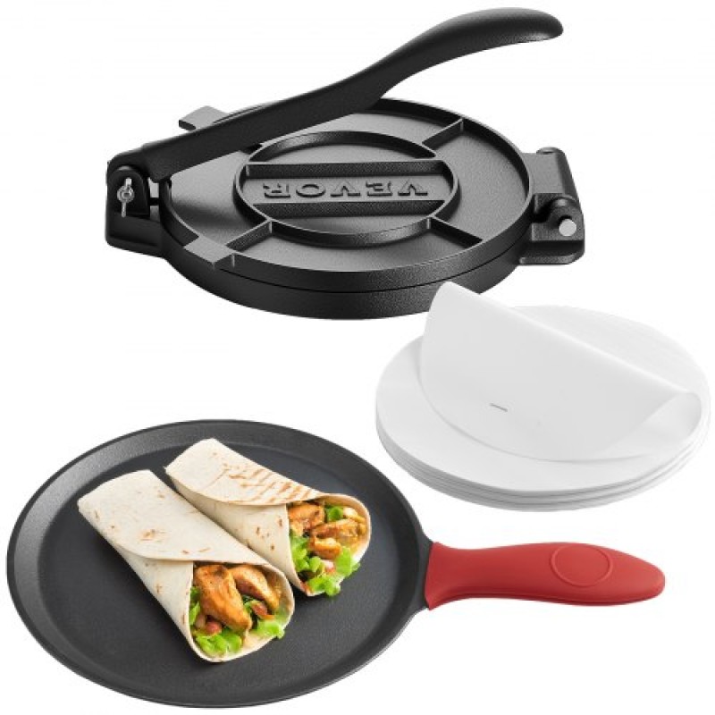 Πρέσα τορτίγιας VEVOR, Πρέσα τορτίγιας και Roti από χυτοσίδηρο 10 ιντσών, Πρέσα Tortilladora βαρέως τύπου, Pataconera Makers με λαβή και 100 τμχ χαρτί περγαμηνής, Πρέσα Taco ζύμης για τορτίγια αλευριού, Tawa