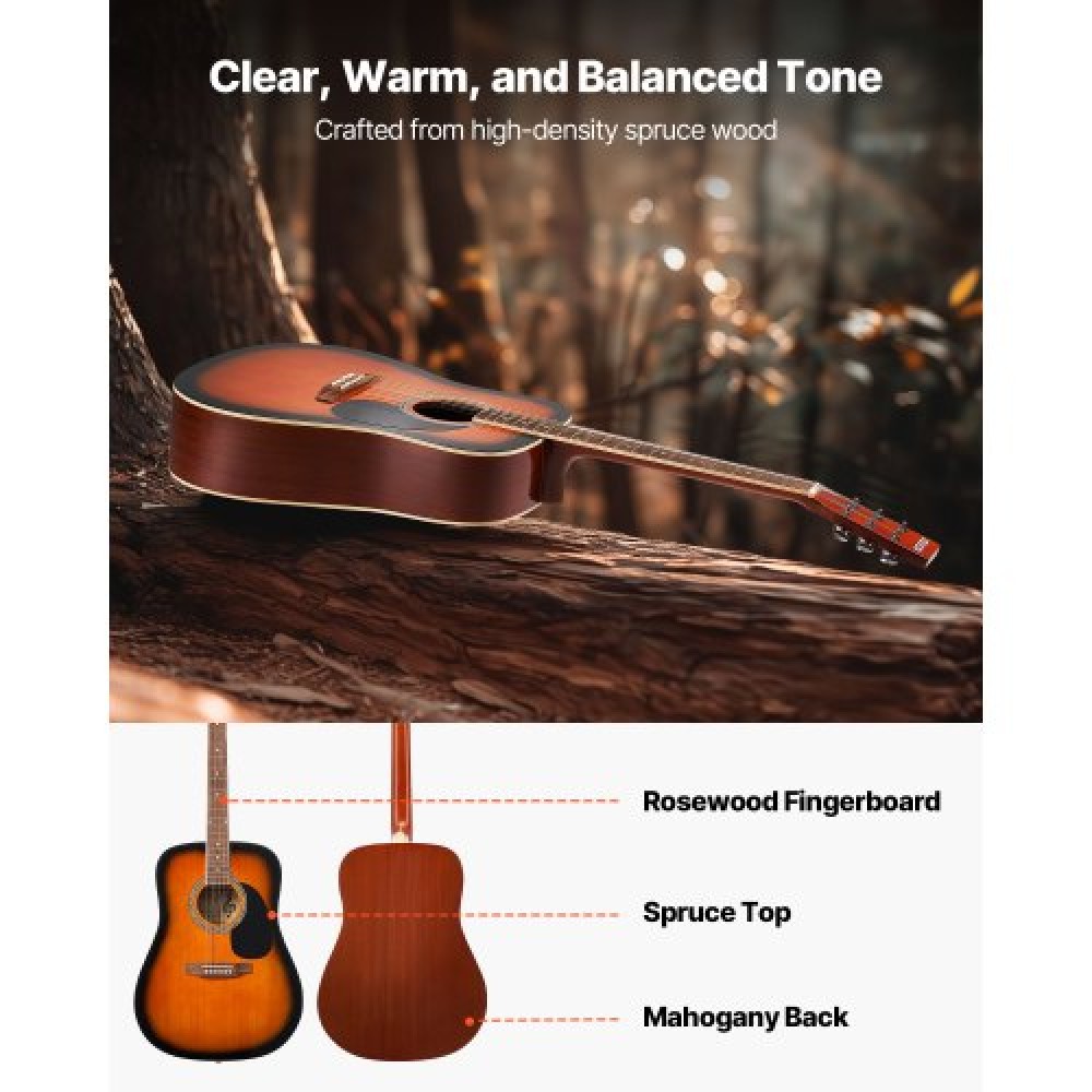 VEVOR 41 in Dreadnought Acoustic Guitar Beginner Bundle Gig Bag Adult Sunburst