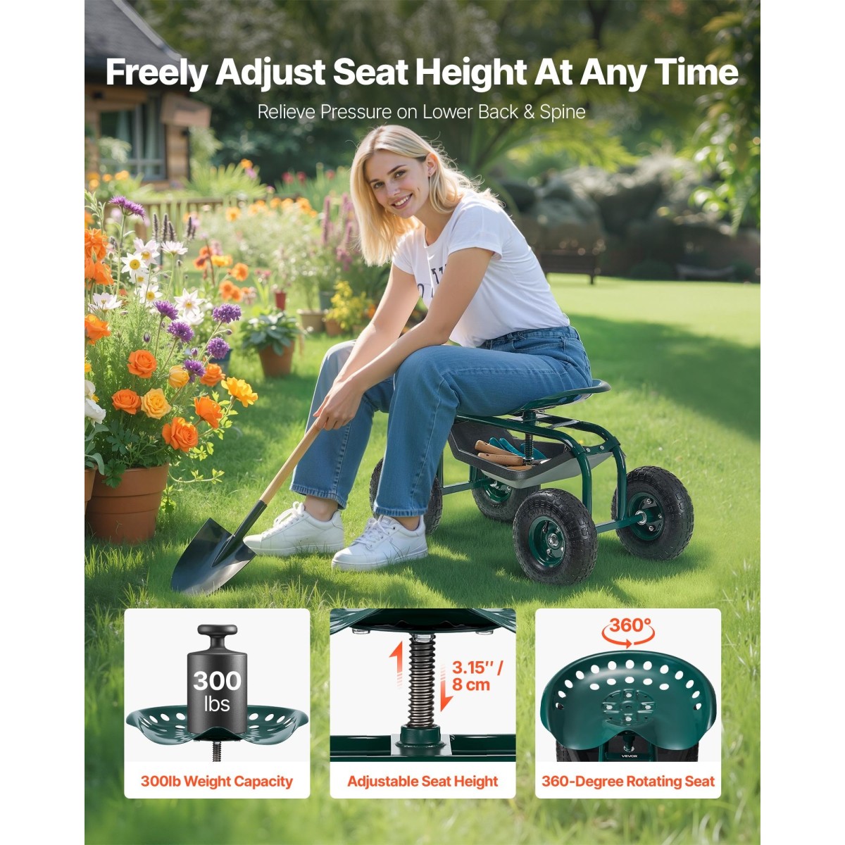 VEVOR Rolling Garden Cart με περιστρεφόμενο κάθισμα, βαρέως τύπου κάθισμα κήπου με καλάθι αποθήκευσης & δίσκο εργαλείων, χωρητικότητα 300 lbs, σκαμπό κηπουρικής εξωτερικού χώρου για φύτευση γκαζόν Βοτάνισμα