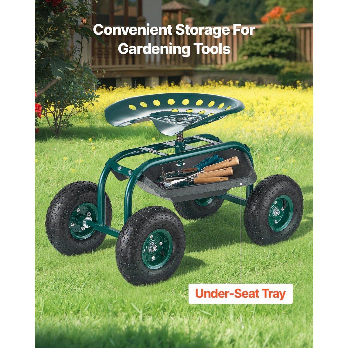 VEVOR Rolling Garden Cart με περιστρεφόμενο κάθισμα, βαρέως τύπου κάθισμα κήπου με καλάθι αποθήκευσης & δίσκο εργαλείων, χωρητικότητα 300 lbs, σκαμπό κηπουρικής εξωτερικού χώρου για φύτευση γκαζόν Βοτάνισμα