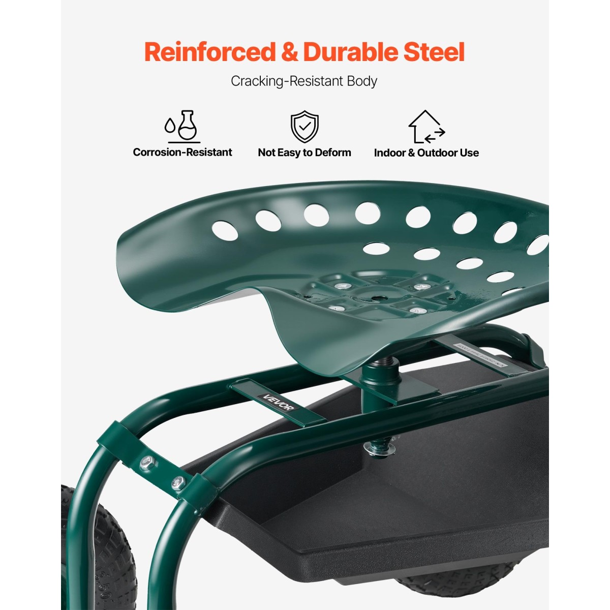 VEVOR Rolling Garden Cart με περιστρεφόμενο κάθισμα, βαρέως τύπου κάθισμα κήπου με καλάθι αποθήκευσης & δίσκο εργαλείων, χωρητικότητα 300 lbs, σκαμπό κηπουρικής εξωτερικού χώρου για φύτευση γκαζόν Βοτάνισμα