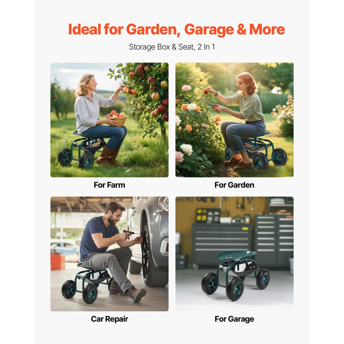 VEVOR Rolling Garden Cart με περιστρεφόμενο κάθισμα, βαρέως τύπου κάθισμα κήπου με καλάθι αποθήκευσης & δίσκο εργαλείων, χωρητικότητα 300 lbs, σκαμπό κηπουρικής εξωτερικού χώρου για φύτευση γκαζόν Βοτάνισμα