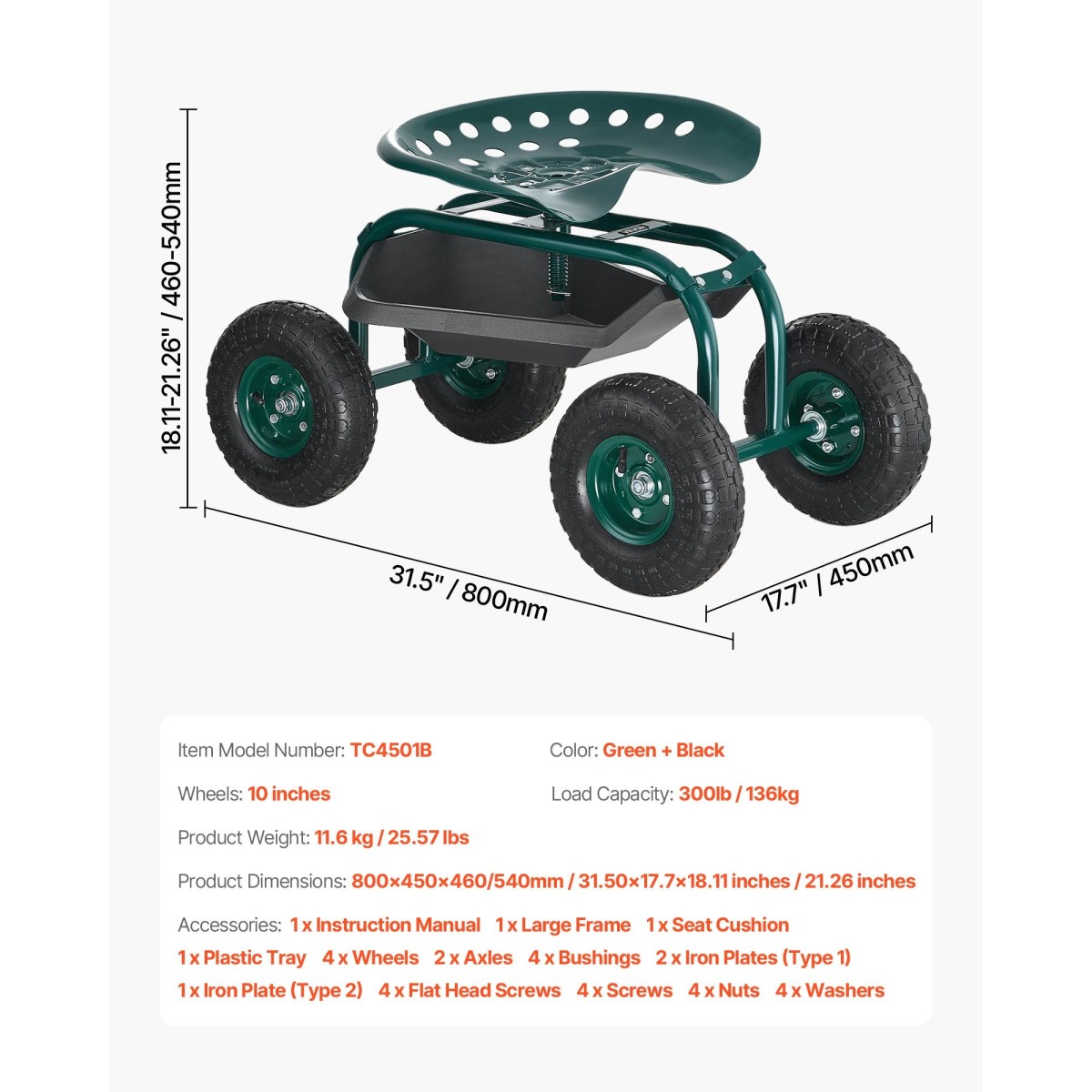 VEVOR Rolling Garden Cart με περιστρεφόμενο κάθισμα, βαρέως τύπου κάθισμα κήπου με καλάθι αποθήκευσης & δίσκο εργαλείων, χωρητικότητα 300 lbs, σκαμπό κηπουρικής εξωτερικού χώρου για φύτευση γκαζόν Βοτάνισμα