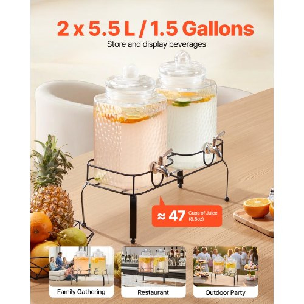 VEVOR Beverage Dispenser, 2 Pack 5,5L Dispensers Drink Dispens for Party, Glass Juice Dispenser with Metal Stand, Inox Spigot, Iced Tea Juice Water Dispensers for Party