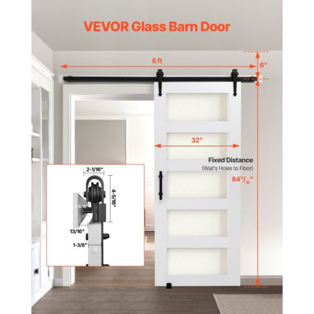 VEVOR Συρόμενη Πόρτα Αχυρώνα, 813 x 2134 mm, Πάνελ και γυαλί MDF υψηλής αντοχής, Πόρτα αχυρώνα με κιτ υλικού, αδιάβροχη επιφάνεια PVC, εύκολη εγκατάσταση, πλαίσιο H, ομαλά και αθόρυβα συρόμενα για σαλόνι