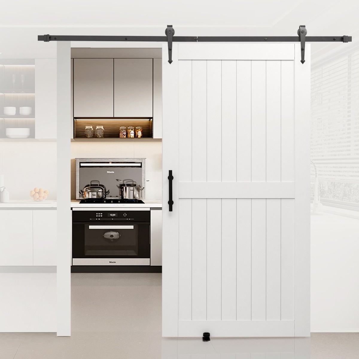 VEVOR Συρόμενη Πόρτα Αχυρώνας, 1067 x 2134 mm, Πάνελ MDF υψηλής αντοχής, Πόρτα αχυρώνα με κιτ υλικού, Αδιάβροχη επιφάνεια PVC, Εύκολη εγκατάσταση, Πλαίσιο H, Ομαλά και αθόρυβα συρόμενα για σαλόνι, μπάνιο